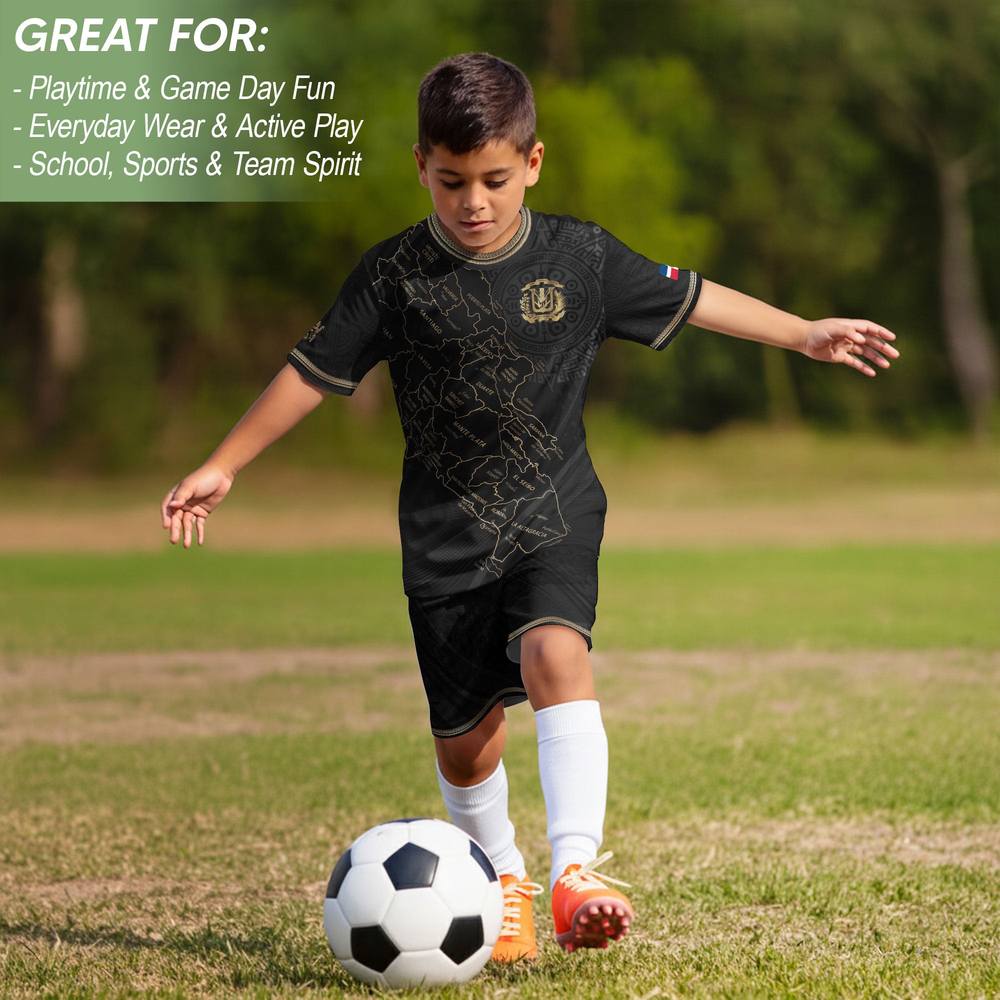Dominican Republic Kids Youth Heritage Black Gold Map National Pride Soccer Jersey