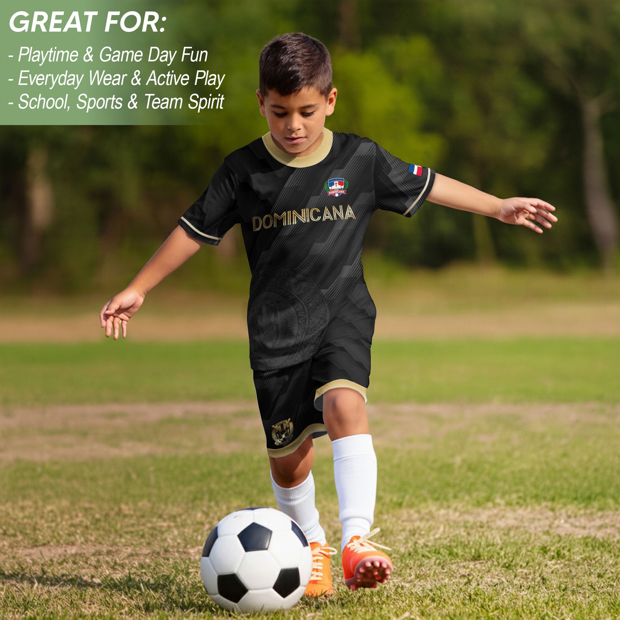 Dominican Republic Kids Youth Heritage Black Gold National Pride Soccer Jersey