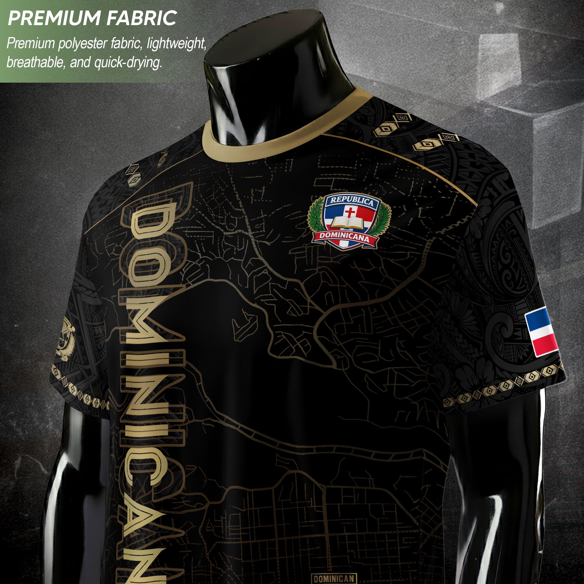Dominican National Pride Soccer Jersey Black Gold, Heritage Inspired Apparel