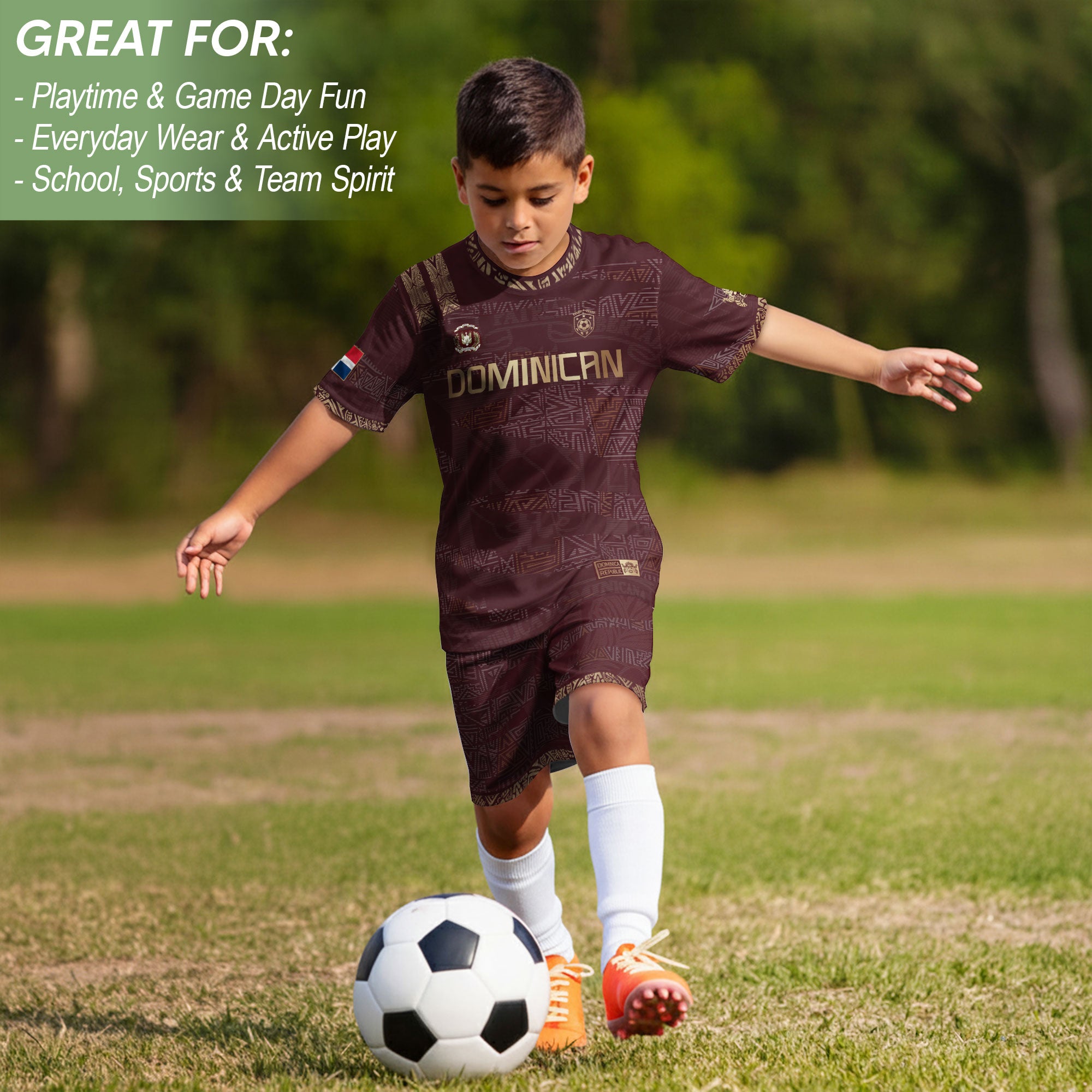 Dominican Cultural Heritage Kids Soccer Jersey Maroon Gold Pride Edition