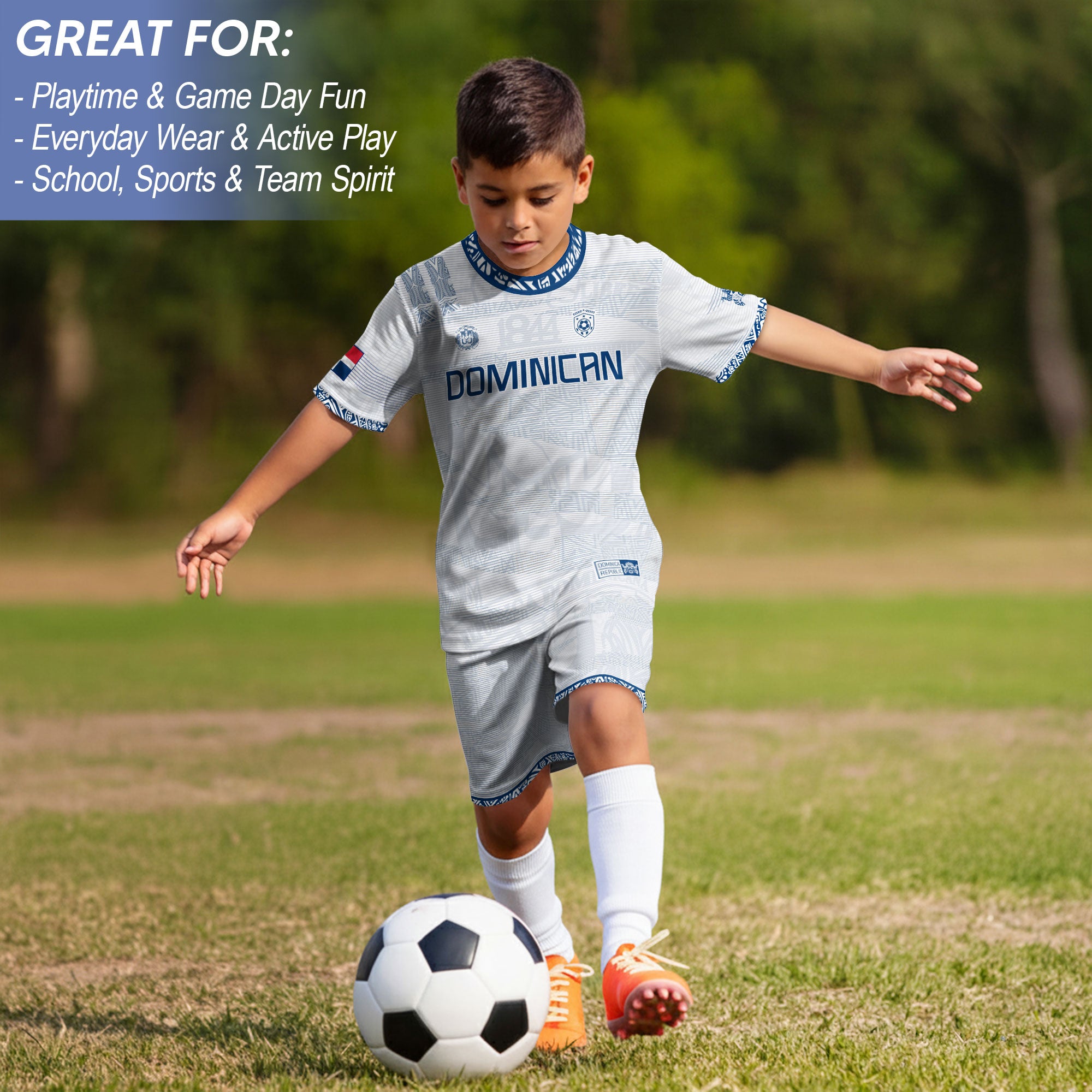 Dominican Kids Soccer Jersey White Blue Cultural Heritage Edition