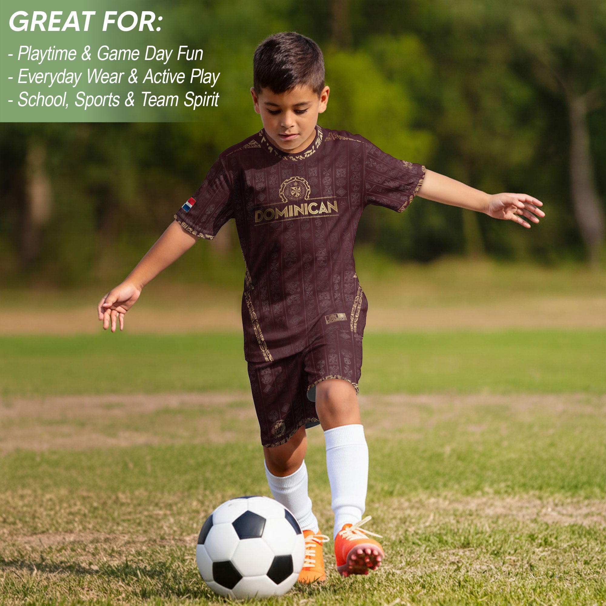 Dominican Republic Kids Youth Orgullo Dominicano Maroon Gold Patchwork Soccer Jersey