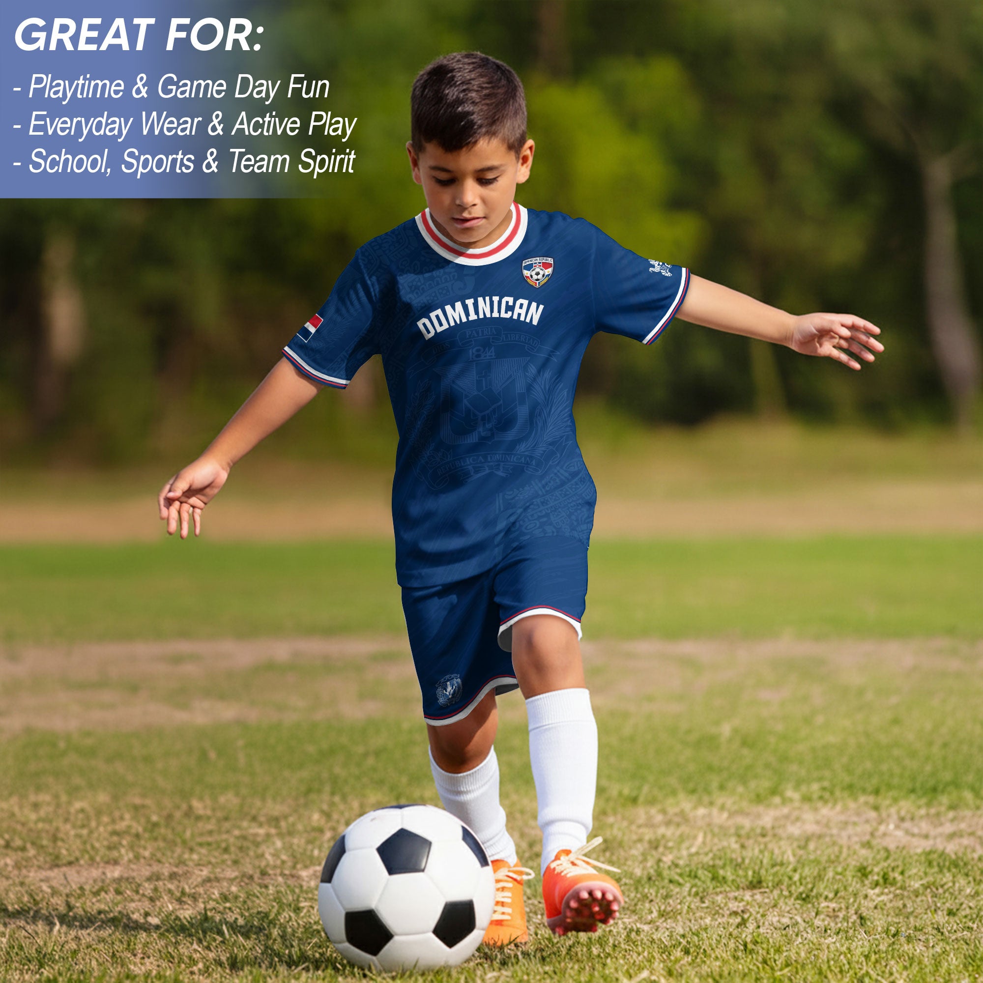 Dominican Cultural Heritage Kids Soccer Jersey Navy, National Pride Collection