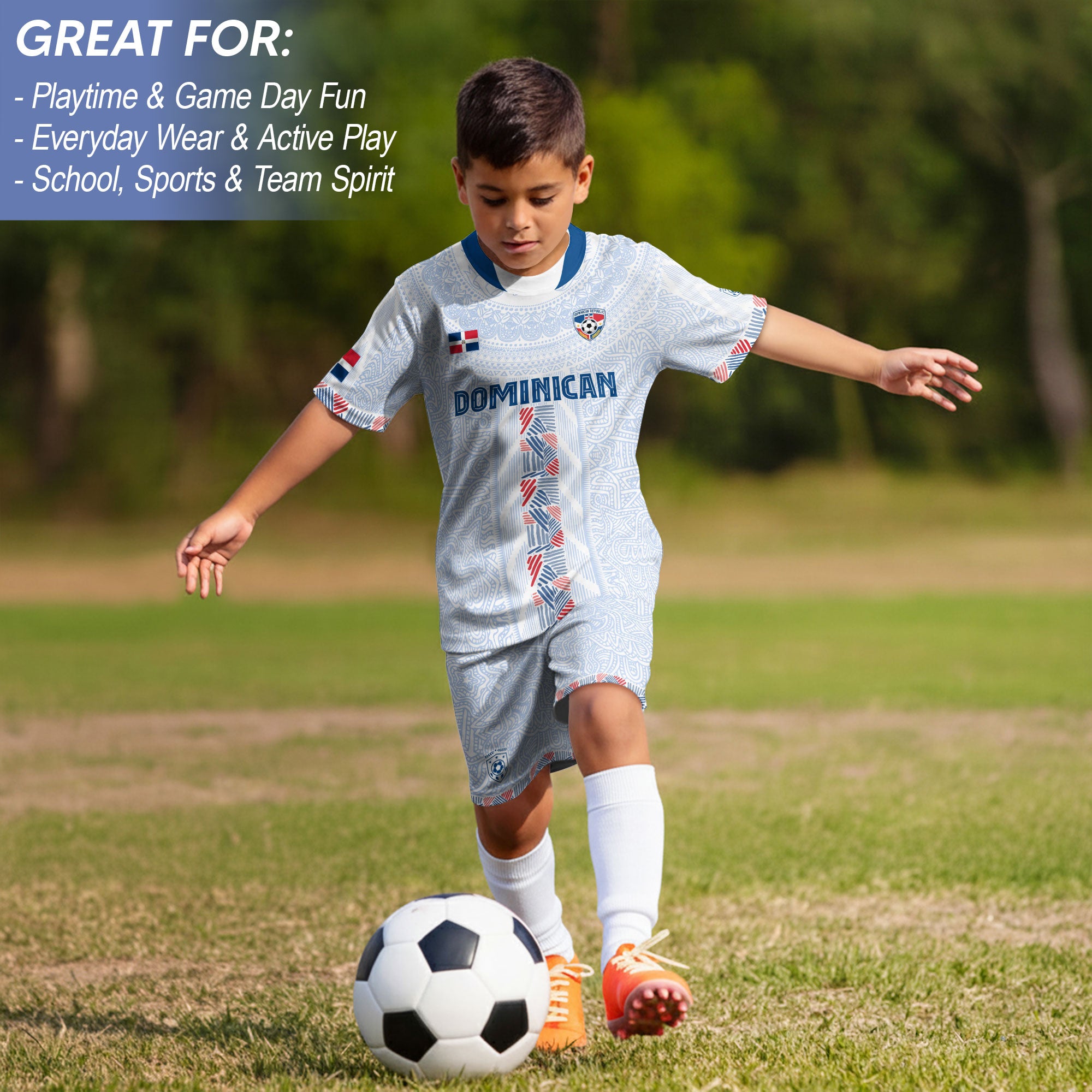Dominican Cultural Kids Soccer Jersey White National Pride Style