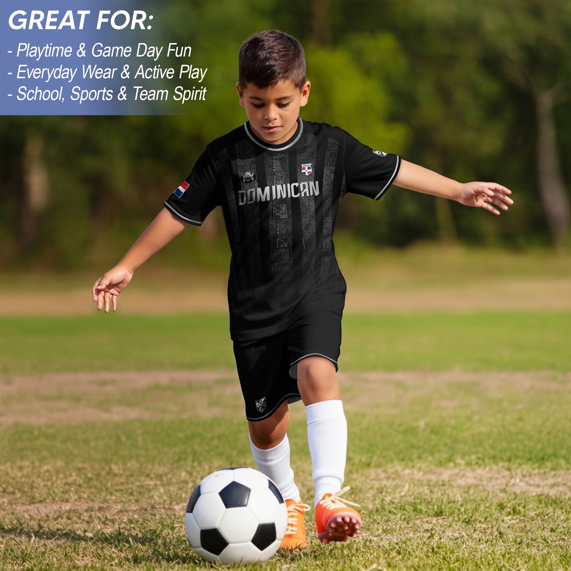 Dominican Heritage Youth Soccer Jersey Black Silver Pride Collection