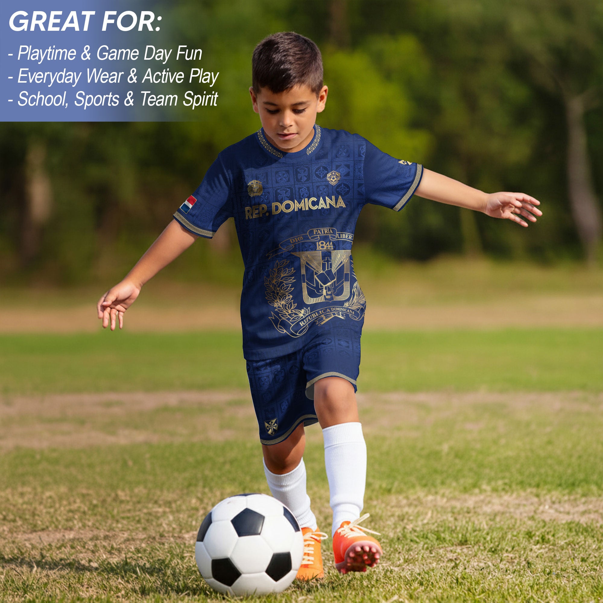 Dominican Republic Kids Soccer Jersey Navy Gold Heritage Edition