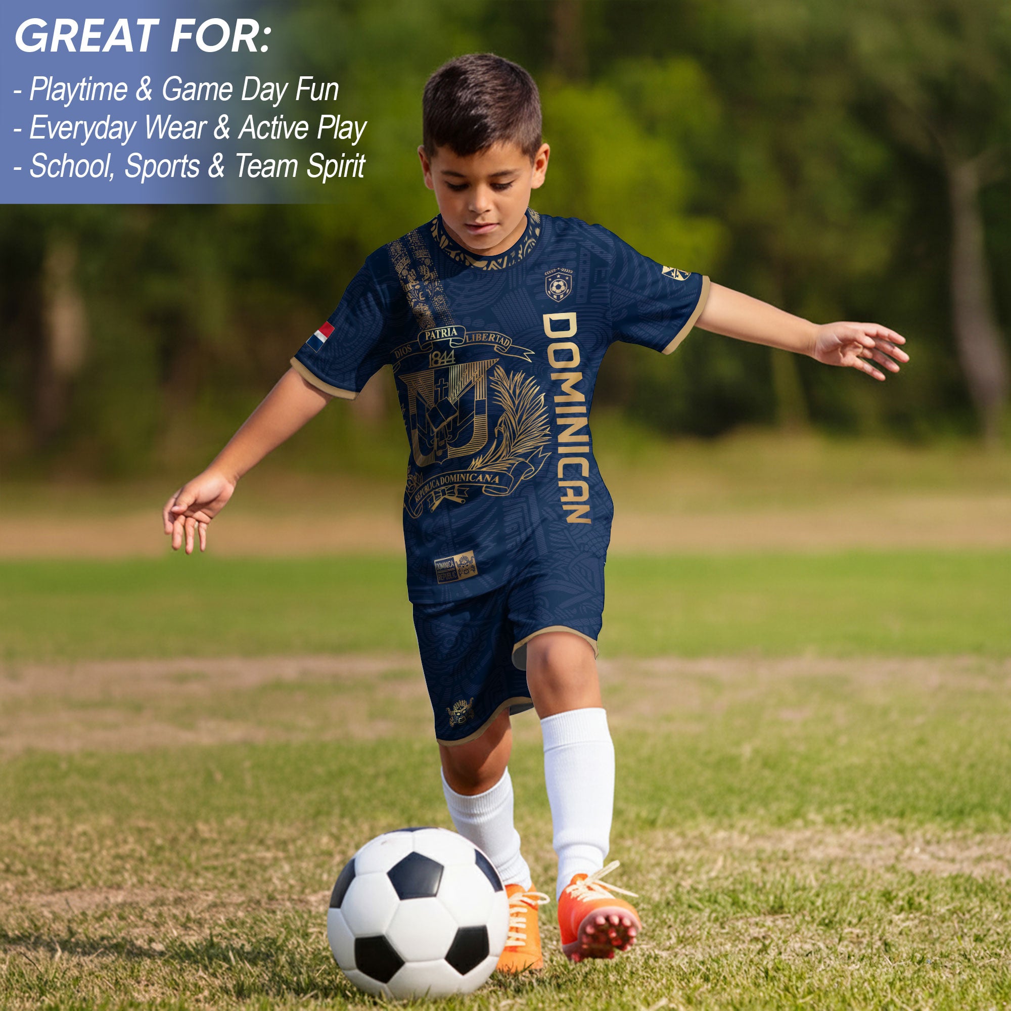 Dominican Republic Kids Soccer Jersey Navy Gold Cultural Pride