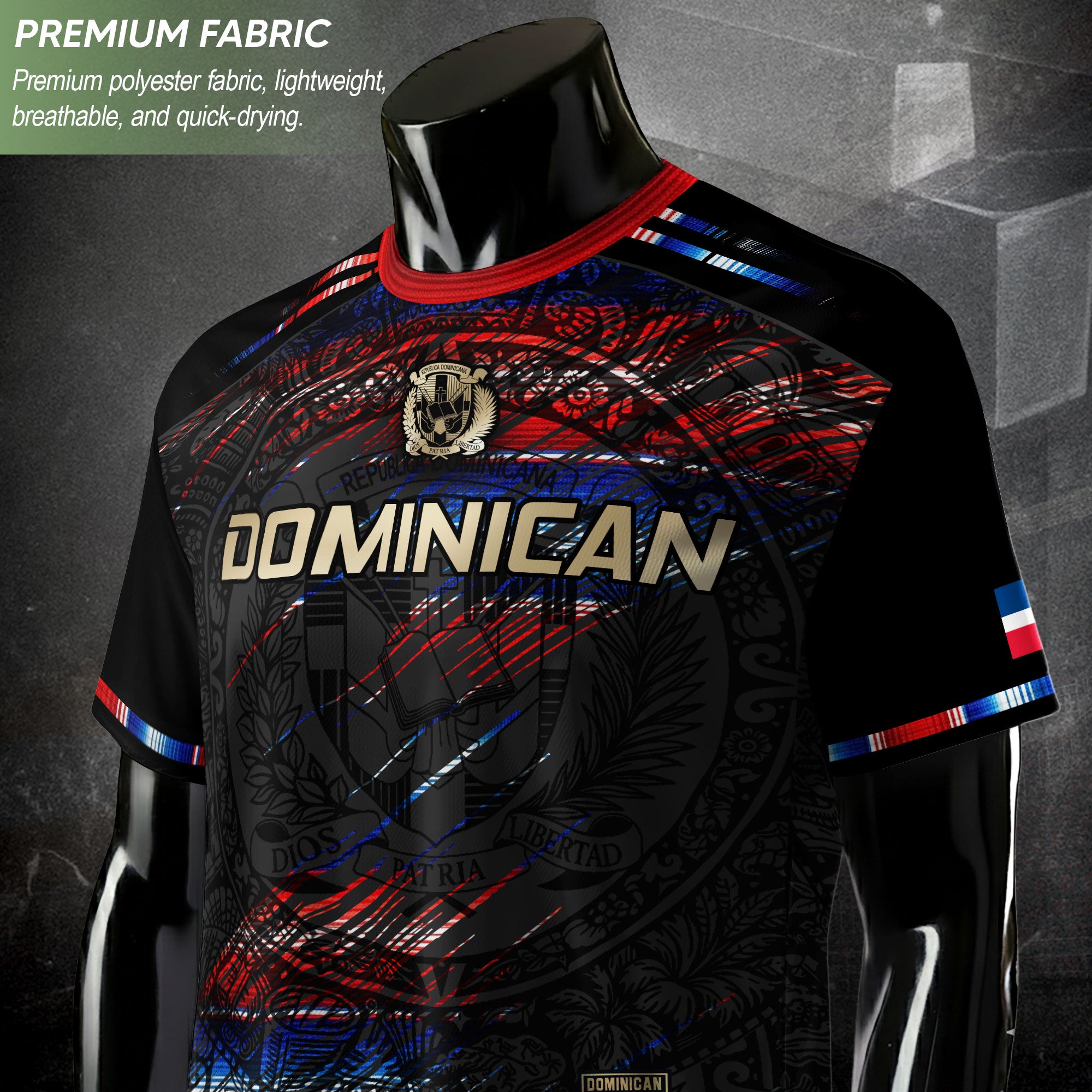 Dominican Heritage Pride Soccer Jersey Black Red Navy, Cultural Unity Collection