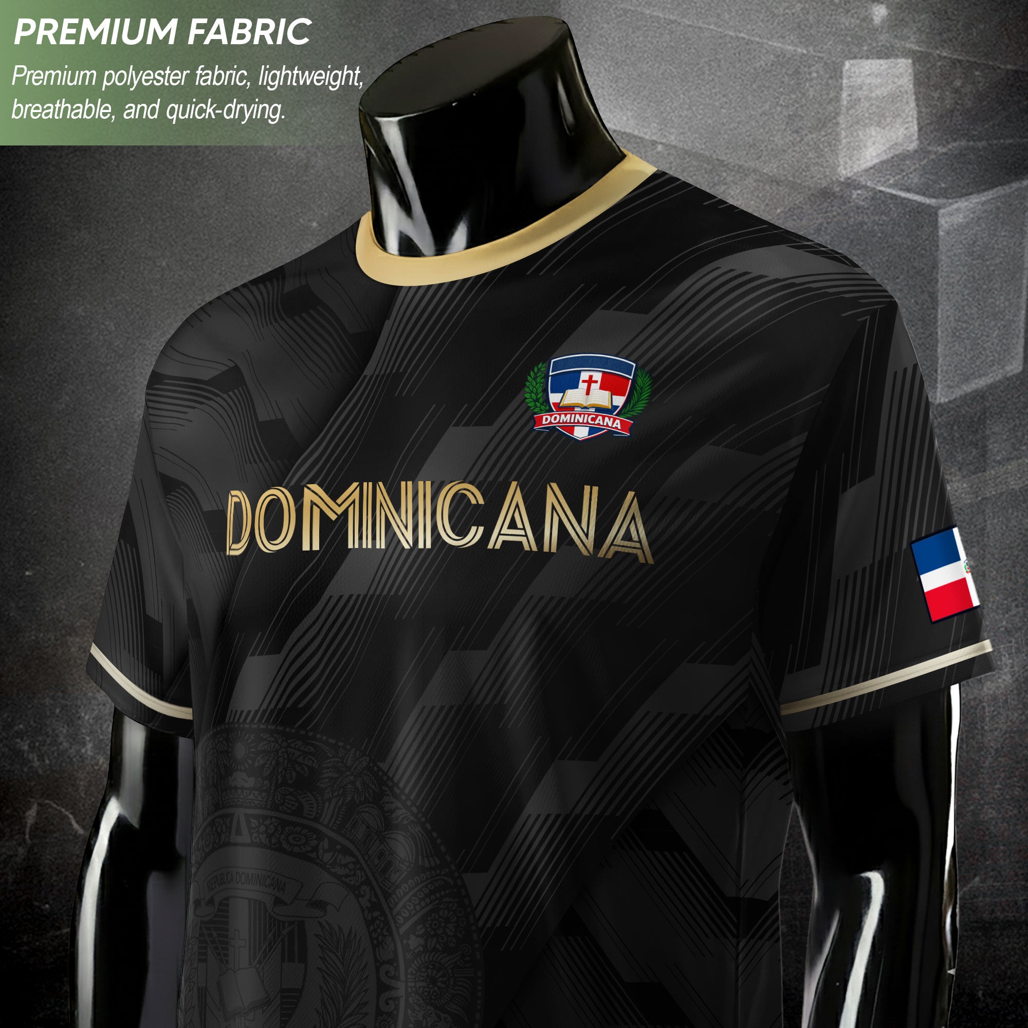 Dominican Cultural Heritage Soccer Jersey Black Gold, National Pride Collection