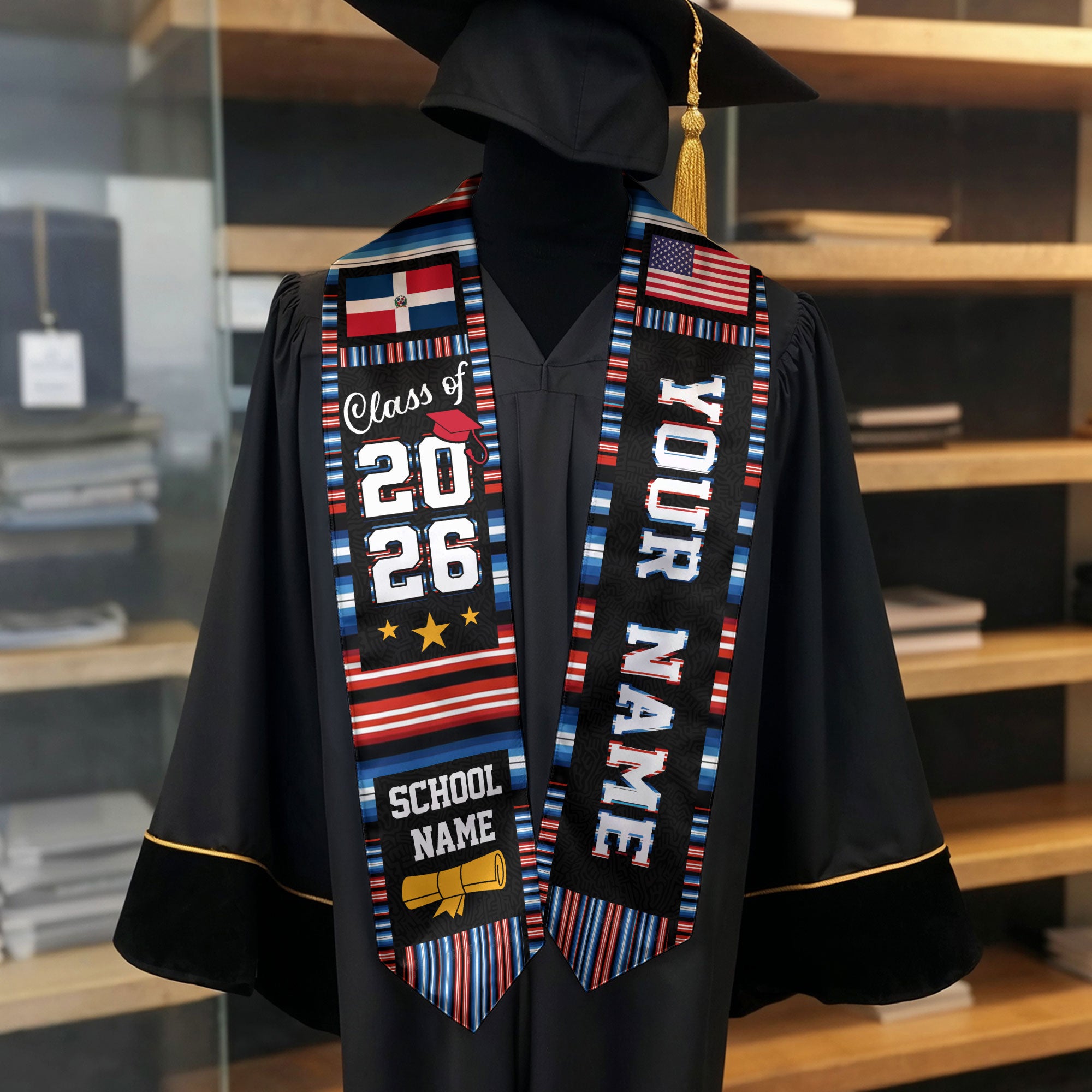 Custom Dominicans Graduation Stole Class of 2026 Dominican USA Flag Serape Stripe Sash