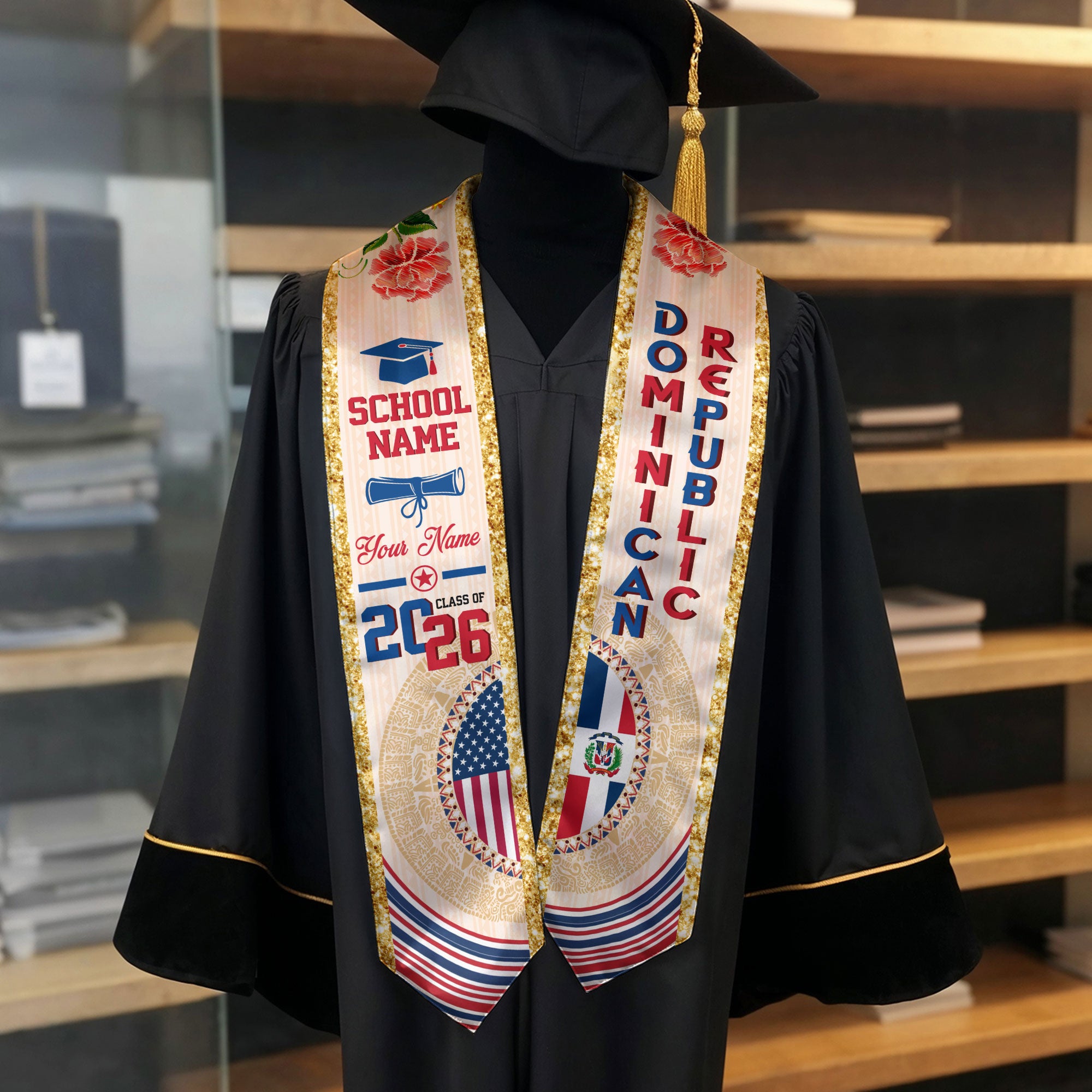 Dominican USA Flag Graduation Stole Class of 2026 Custom Dominicans Sash Floral Aztec