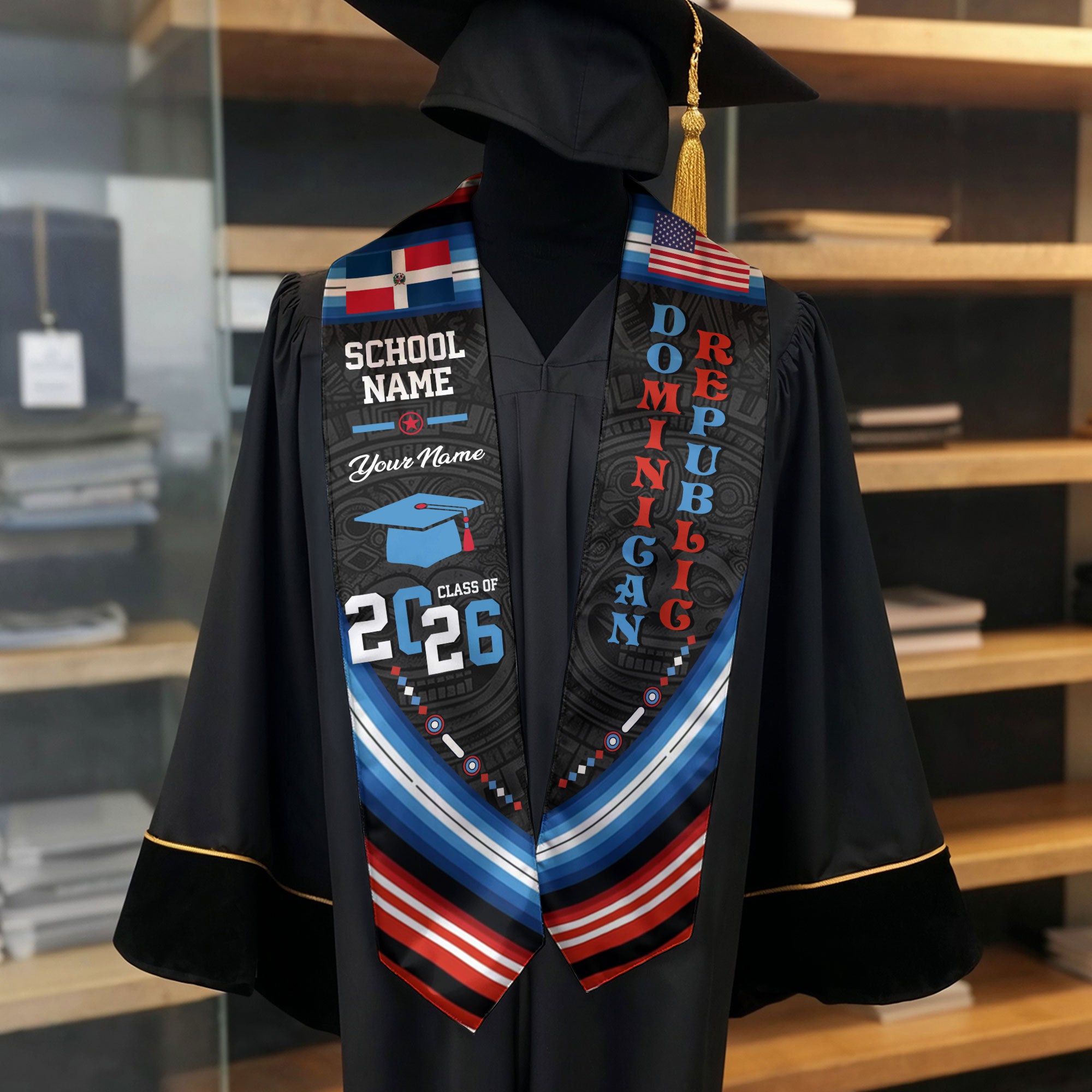 Class of 2026 Dominicans Graduation Stole Custom Dominican USA Flag Tribal Pattern