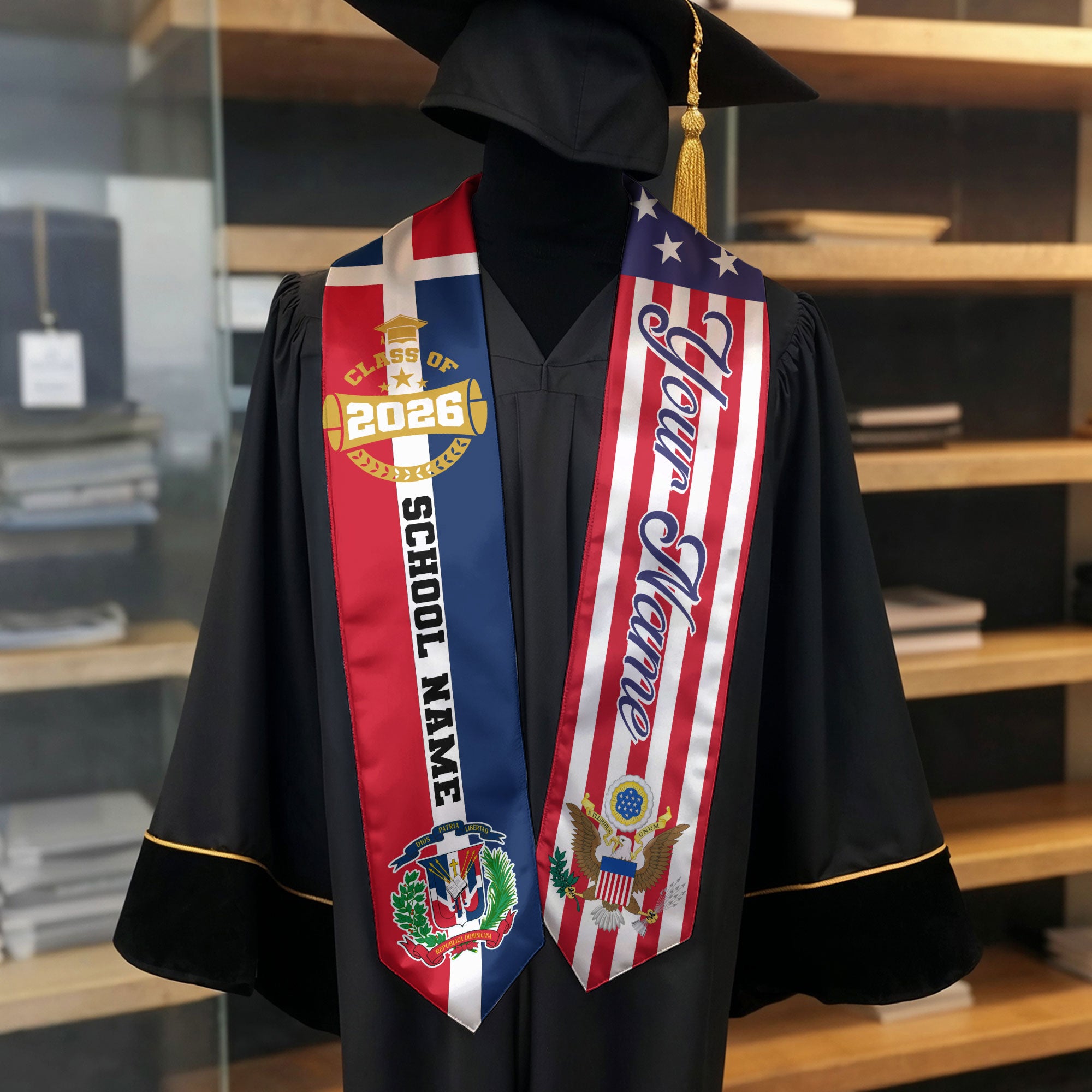 Dominican American Flag Graduation Stole Class of 2026 Custom Dominicans Eagle Seal