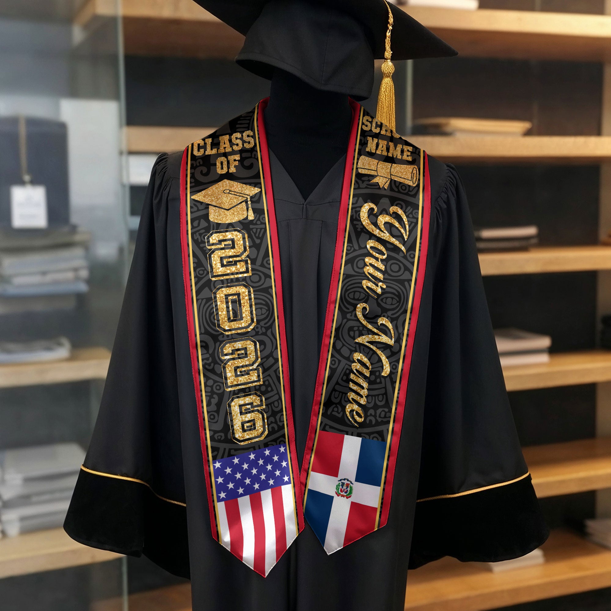 Dominican USA Flag Graduation Stole Class of 2026 Custom Dominicans Aztec Pattern