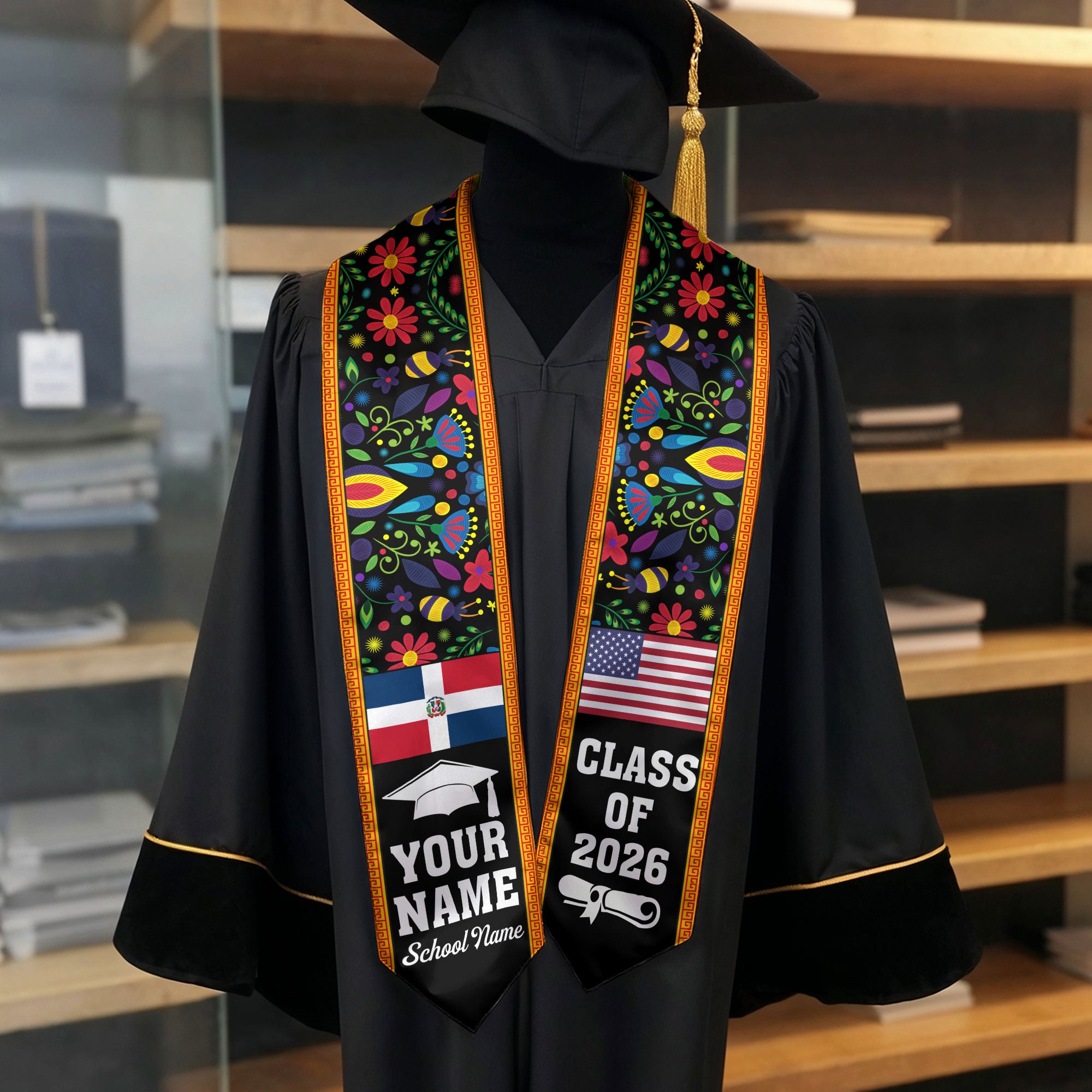 Custom Dominican Graduation Floral Stole Dominicana Grad Sash, Class of 2026 Graduate Senior Gift