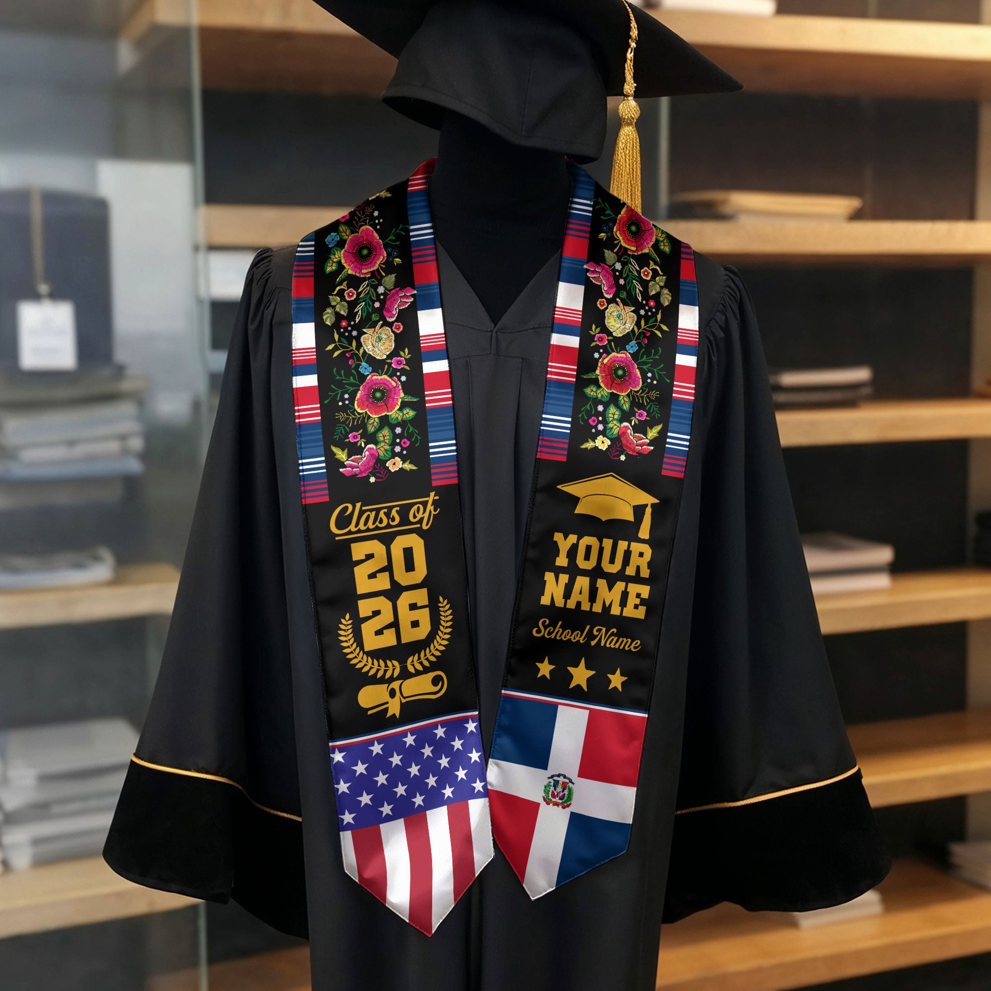 Dominicans Class of 2026 Graduation Stole Custom Dominican USA Flag Floral Embroidery