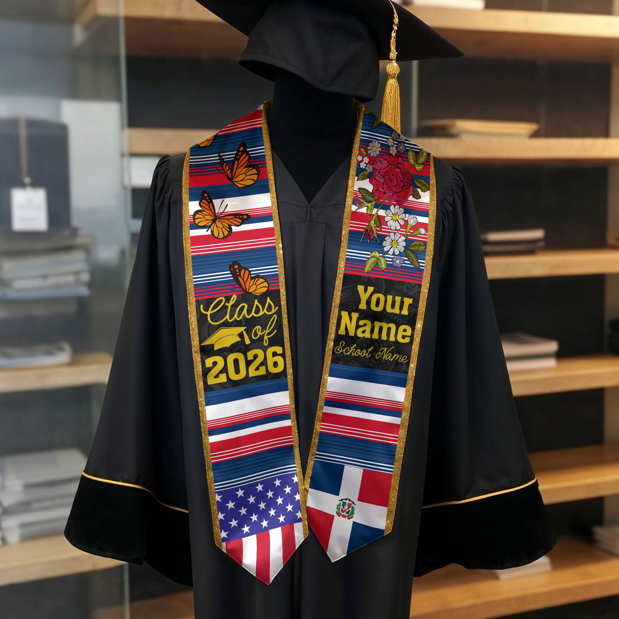 Dominicans Stole Class of 2026 Custom Graduation Sash Dominican USA Flag Butterfly