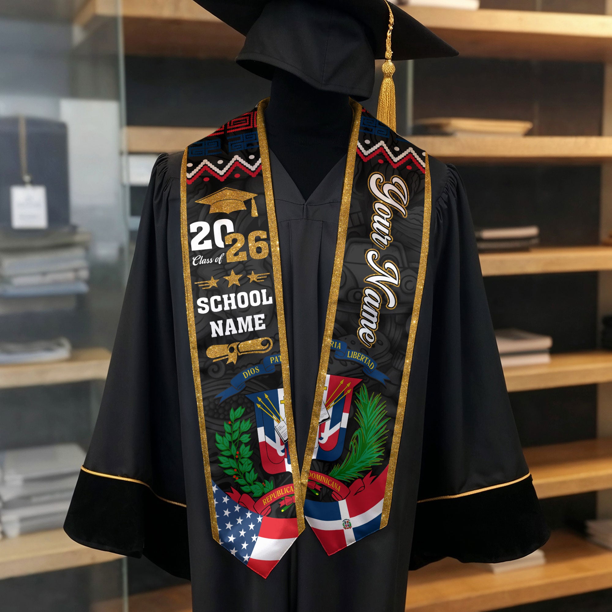 Custom Dominicans Graduation Stole Class of 2026 Dominican USA Flag Tribal Pattern
