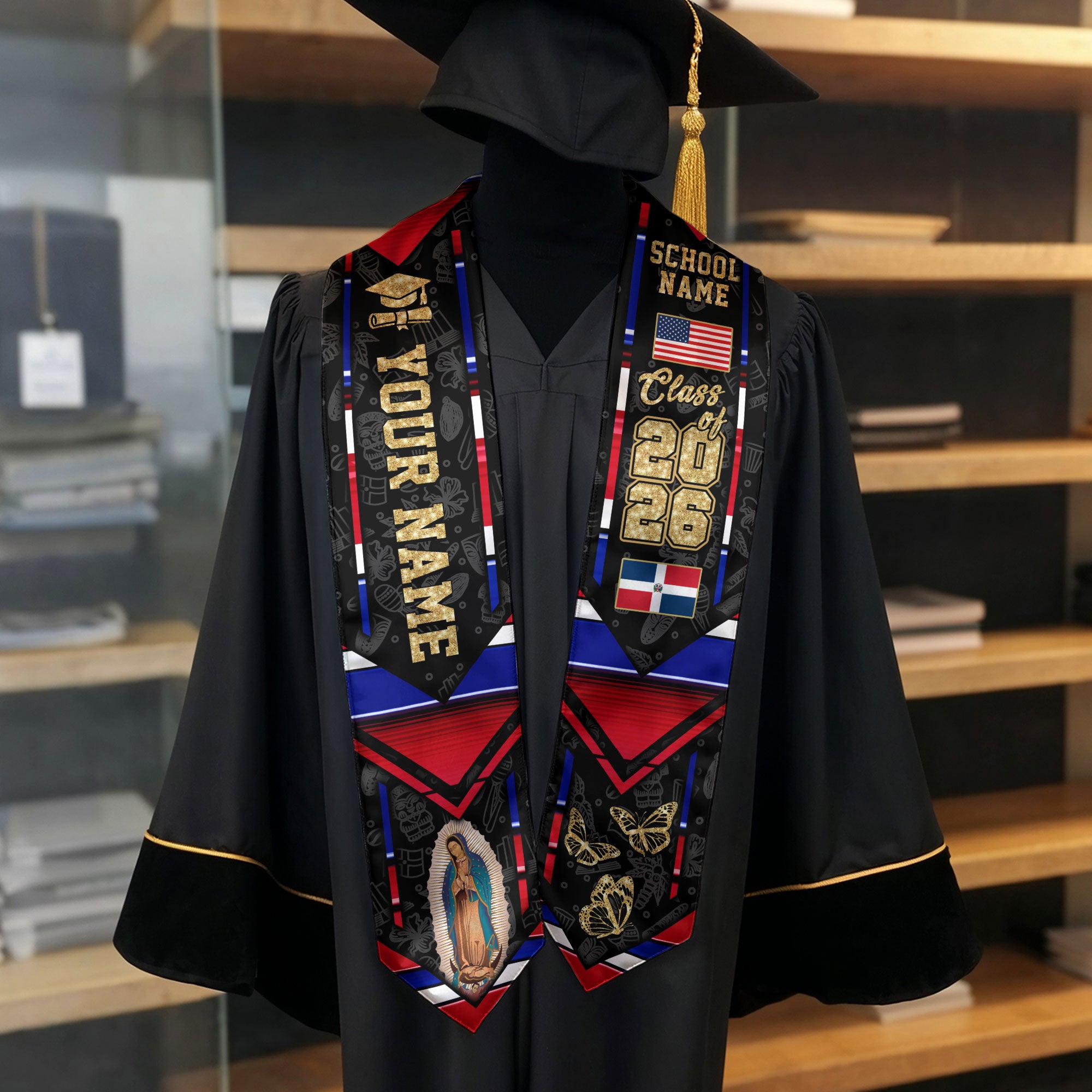 Dominican USA Flag Graduation Stole Class of 2026 Custom Dominicans Sash Virgin Mary Butterfly