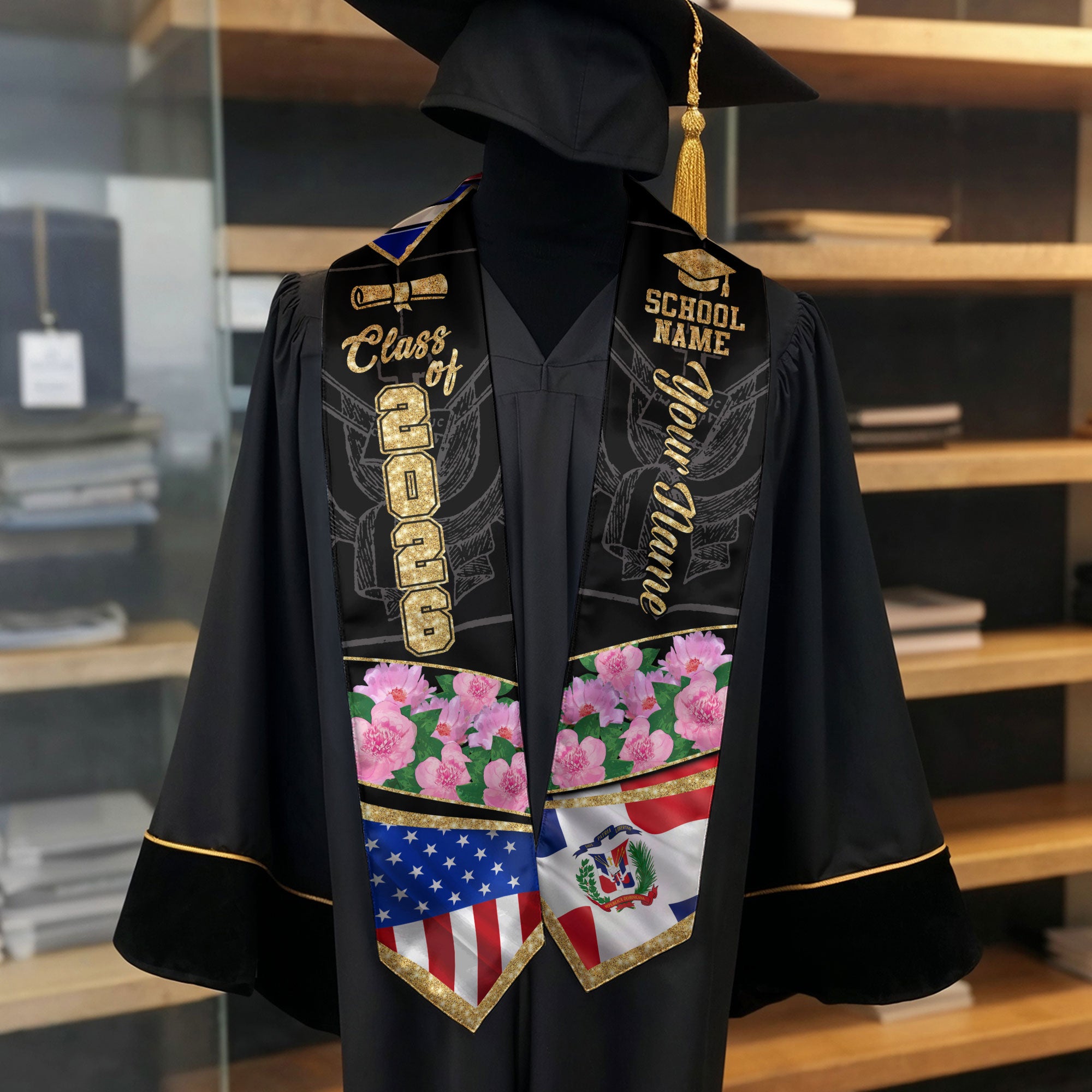 Class of 2026 Dominicans Graduation Stole Custom Dominican USA Flag Peony Floral Design