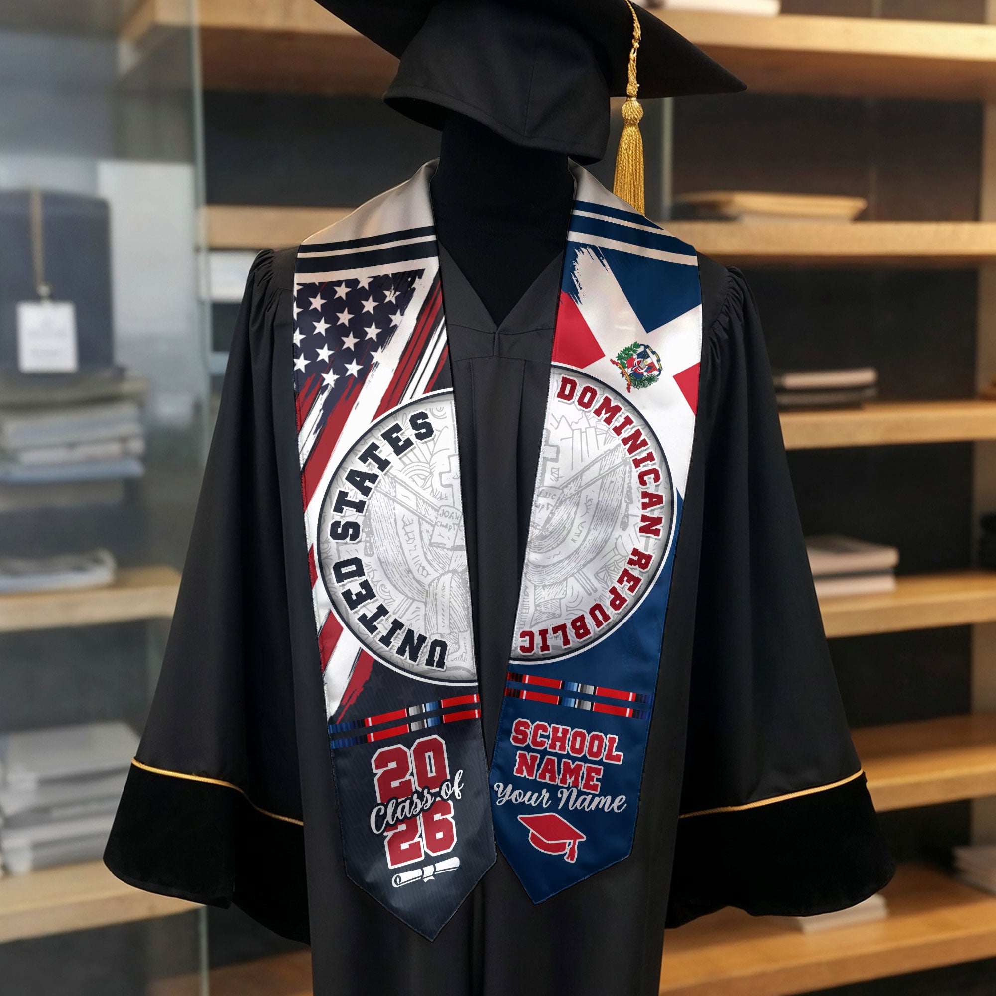 Dominican Republic Graduation Stole Class of 2026 Custom Dominicans Sash USA Flag Seal Pattern