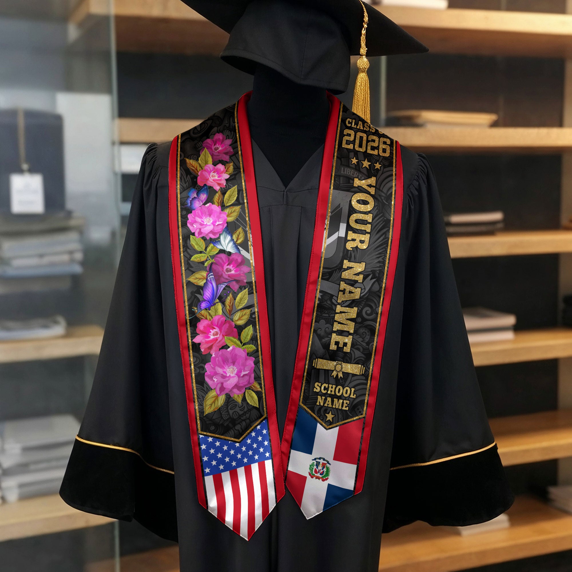 Custom Dominicana Graduation Sash, DR Floral Grad Stole Gift, Class of 2026 Senior Graduate