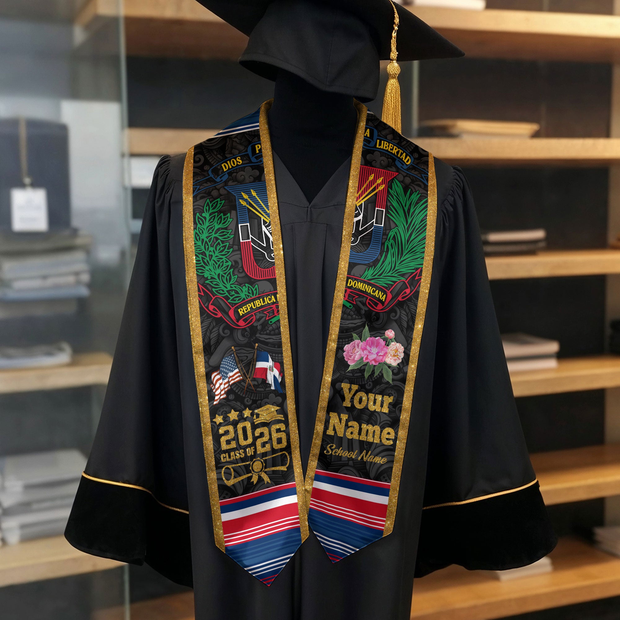 Custom Dominican American Graduation Stole, DR Floral Grad Sash, Class of 2026 Graduate Gift