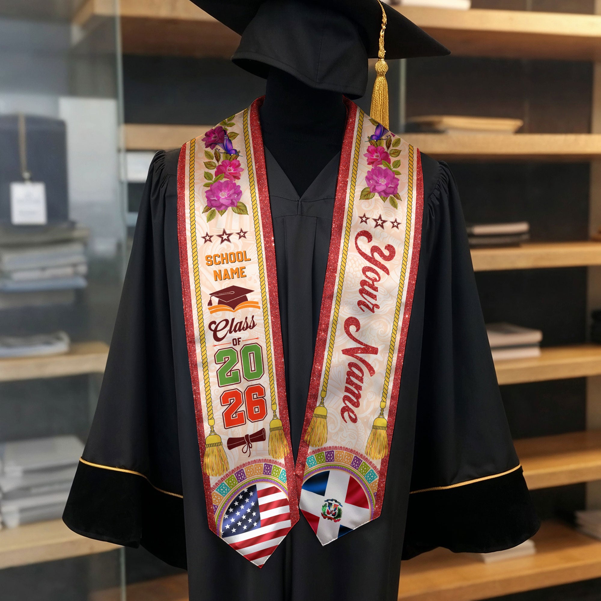 Personalized Dominicana Floral Stole, DR Grad Sash Graduation Gift, Class of 2026 Senior
