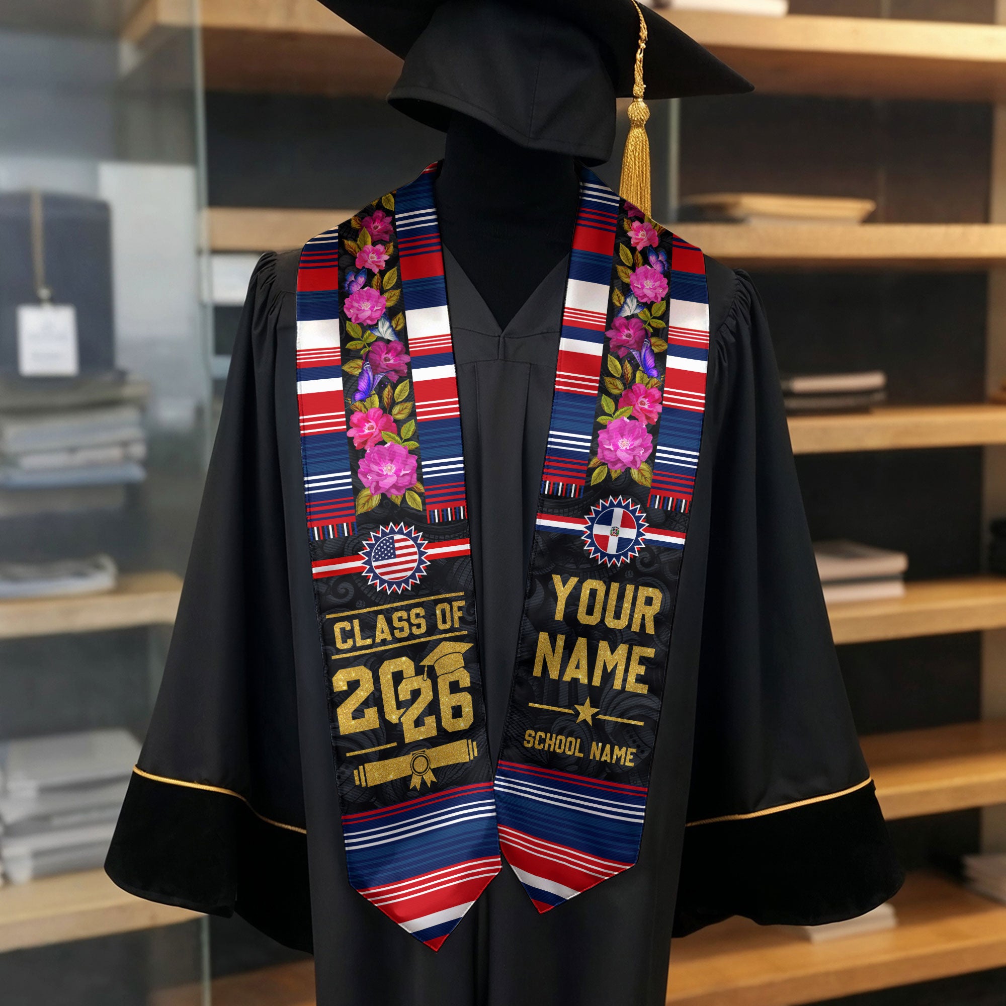 Dominican Flag Graduation Sash, Custom Floral Grad Stole , Class of 2026 Dominican Graduate