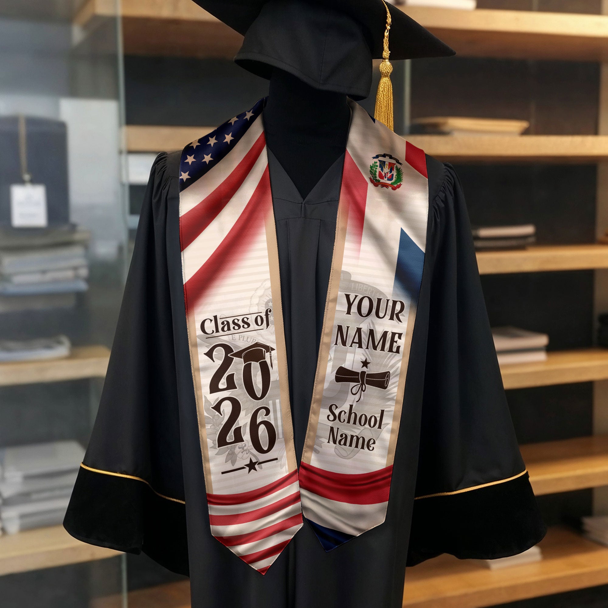 Dominican American Flag Graduation Stole, Custom DR Grad Sash Gift, Class of 2026 Dominican Graduate