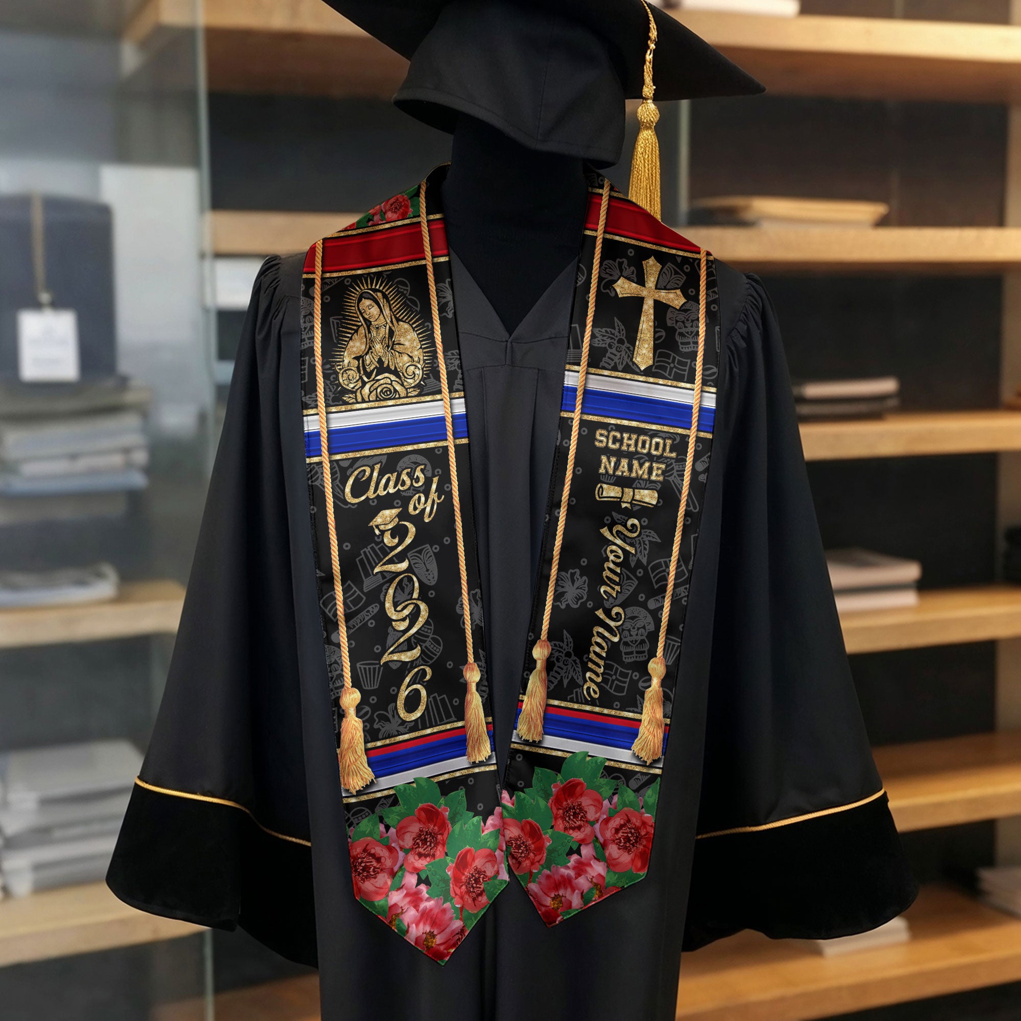 Personalized Dominicana Floral Stole Grad Sash Graduation Gift, Class of 2026 Dominican Graduate