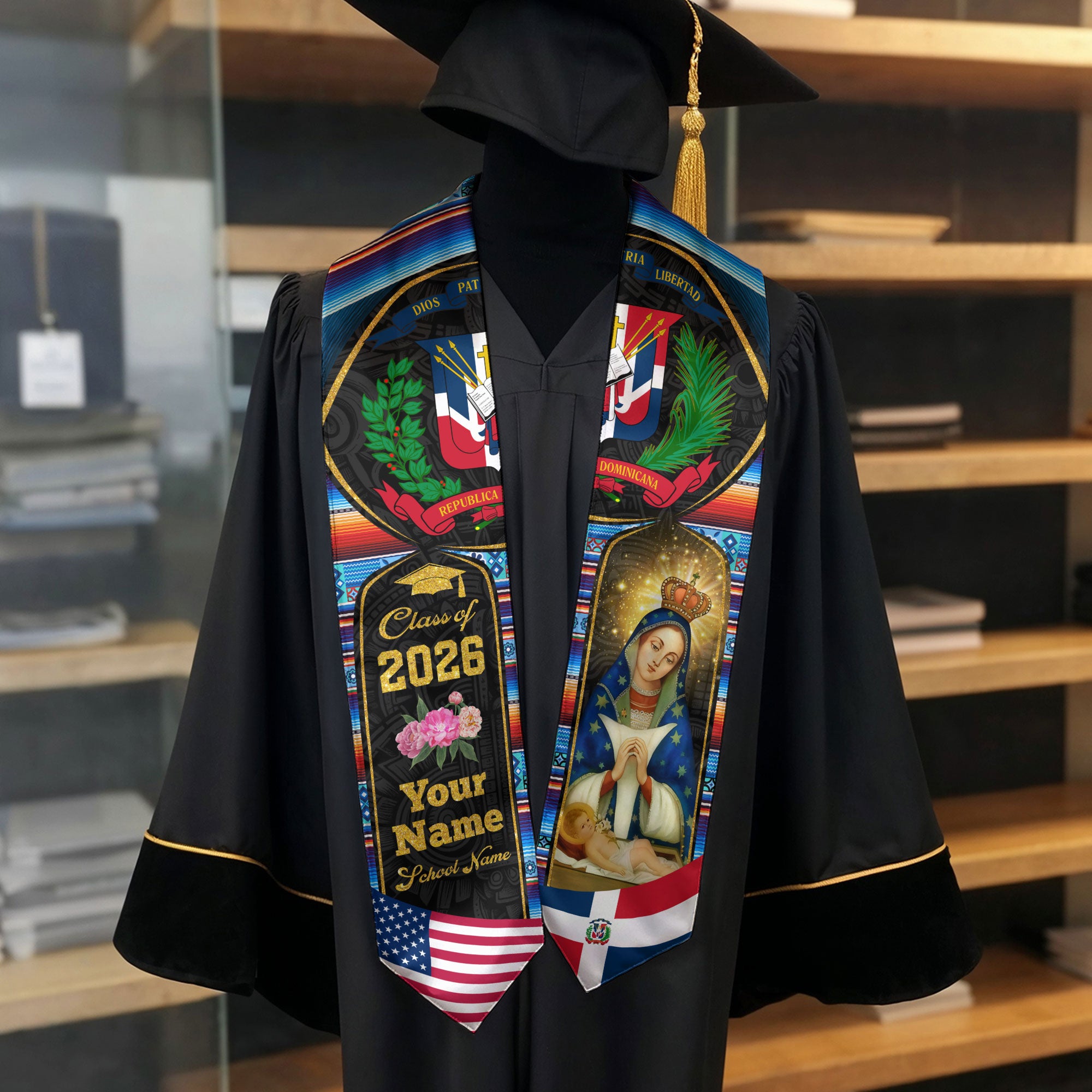 Personalized Dominican American Stole Grad, Dominican Republic Sash Graduation, Class of 2026 Graduate Gift