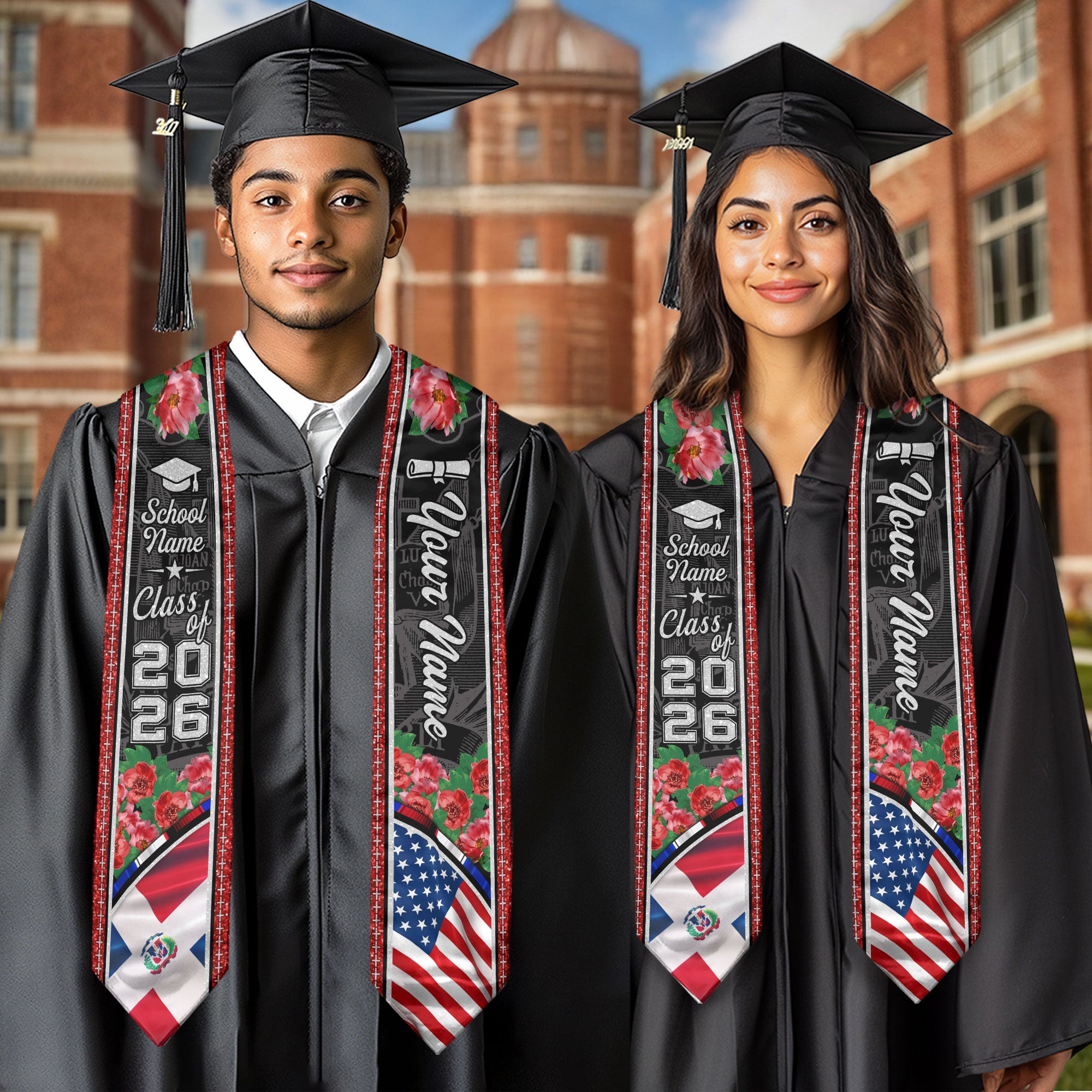 Personalized Dominican American Graduation Floral Stole Grad Sash, Class of 2026 Senior Gift