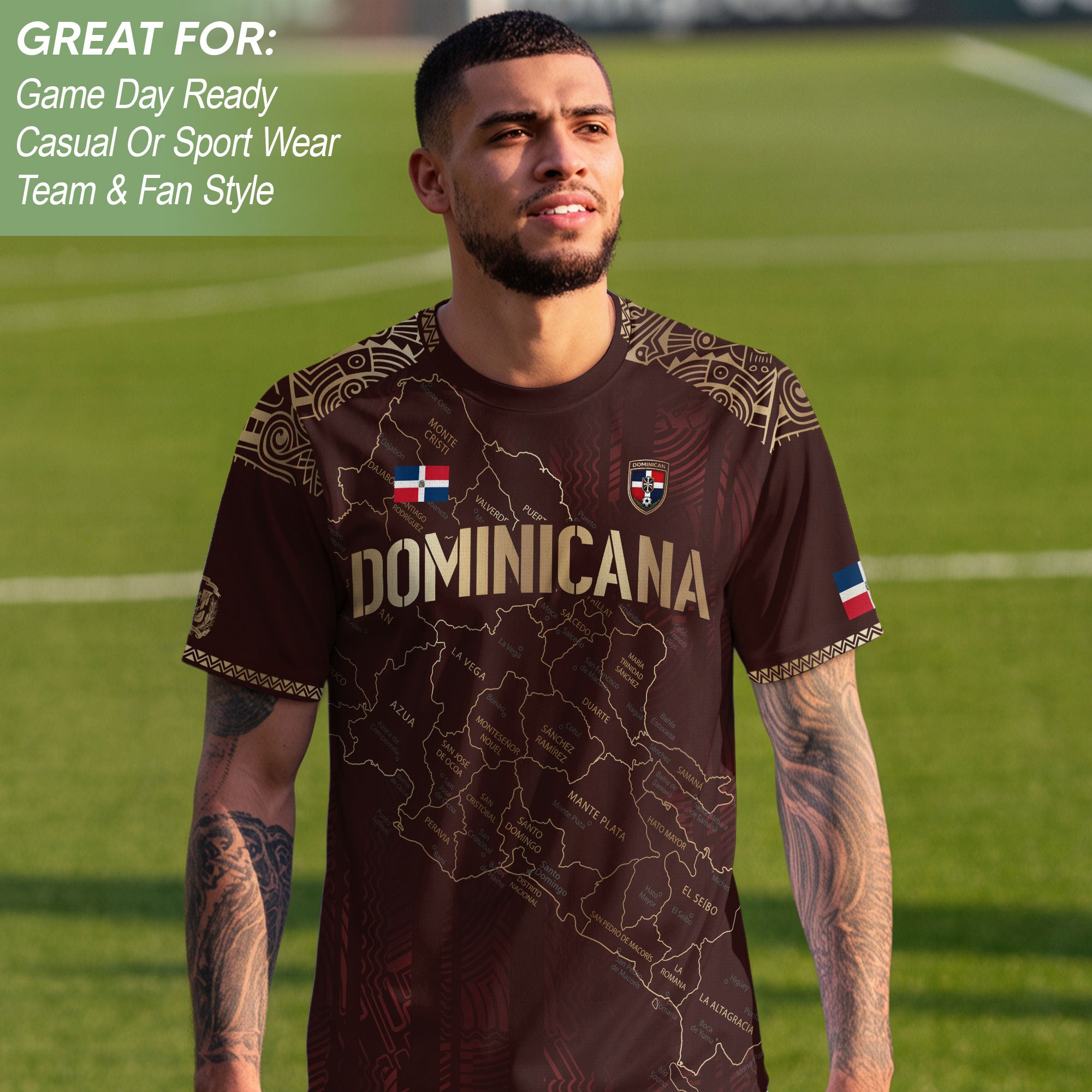 Dominican Cultural Heritage Soccer Jersey Maroon Gold, National Pride Football Collection