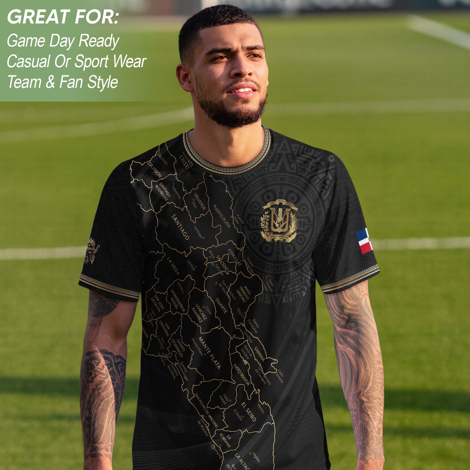 Dominican National Pride Soccer Jersey Black Gold, Cultural Heritage Apparel
