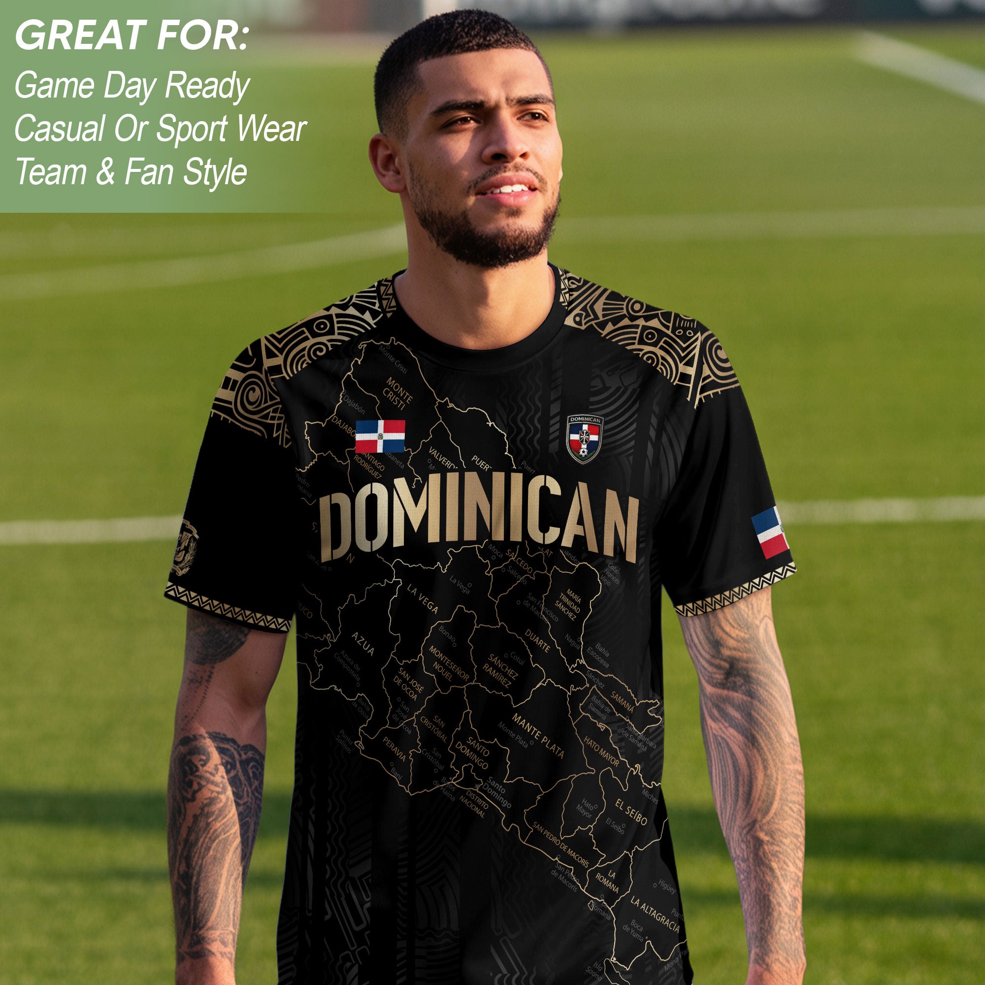 Dominican Heritage Soccer Jersey with Island Map Black Gold, Taino Inspired National Pride Shirt