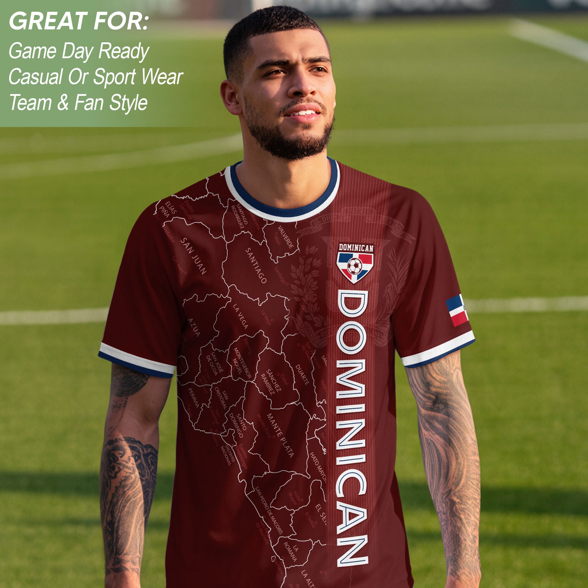 Dominican Republic Soccer Jersey Maroon White Blue, Taino Map Design Caribbean Cultural Shirt