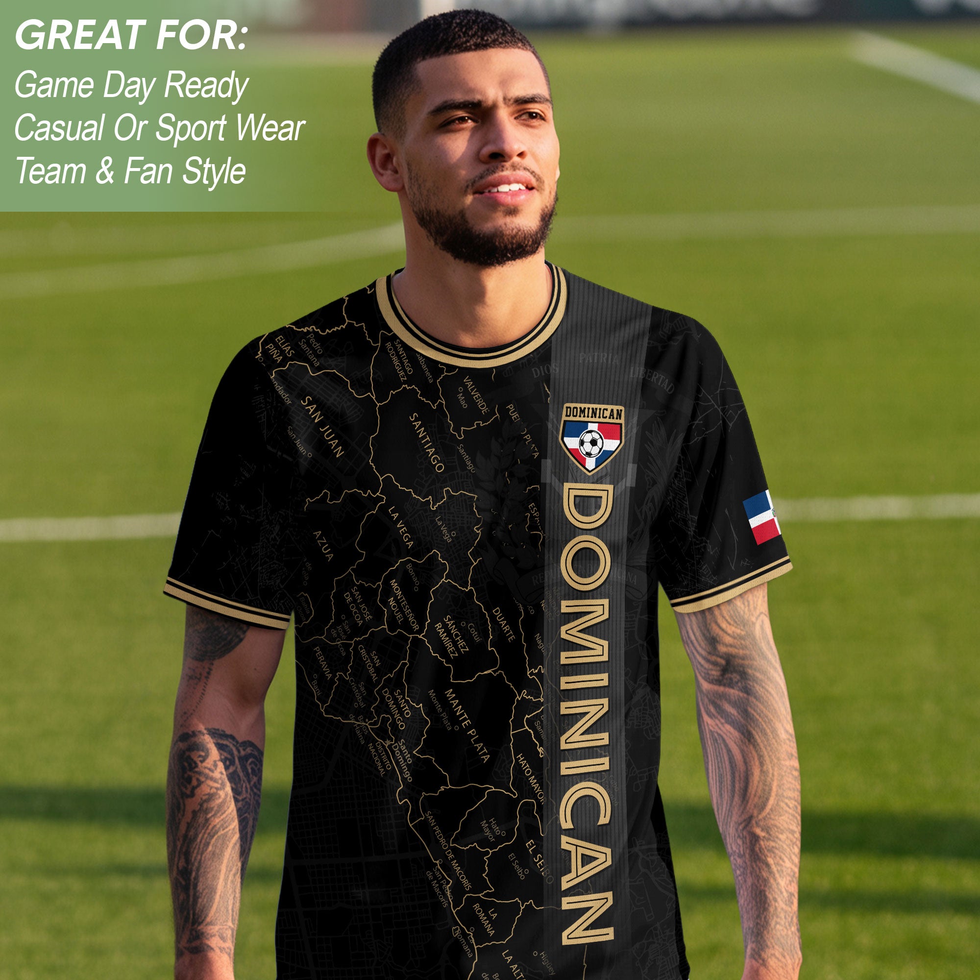 Dominican National Pride Soccer Jersey Black Gold, Taino Heritage Map Design Shirt