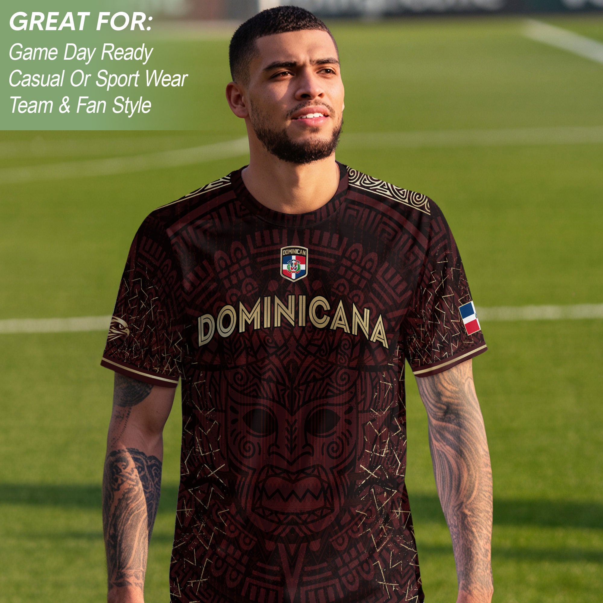 Dominican Cultural Pride Soccer Jersey Maroon Gold, Heritage-Inspired Collection
