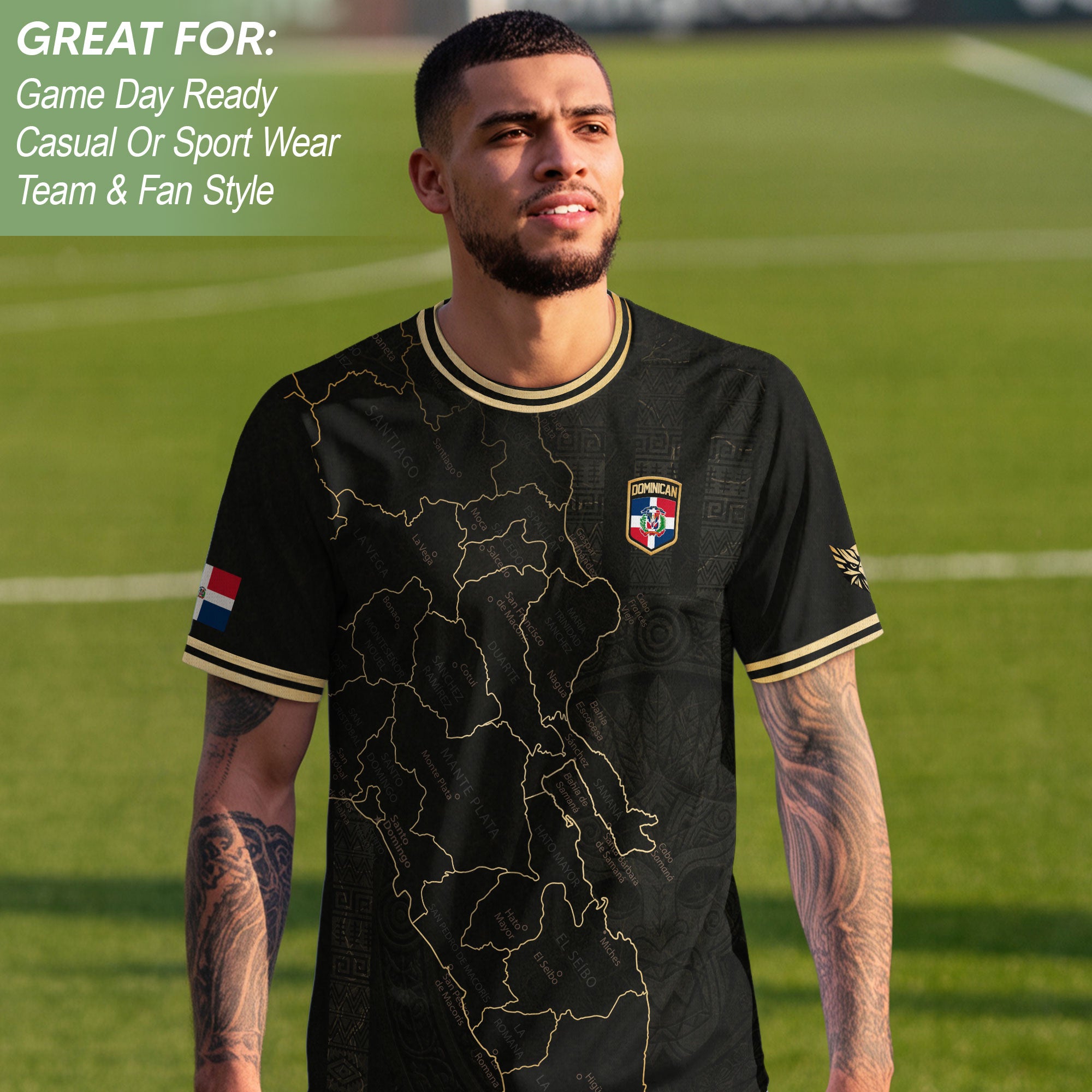 Dominican National Identity Soccer Jersey Black Gold, Heritage Pride Apparel