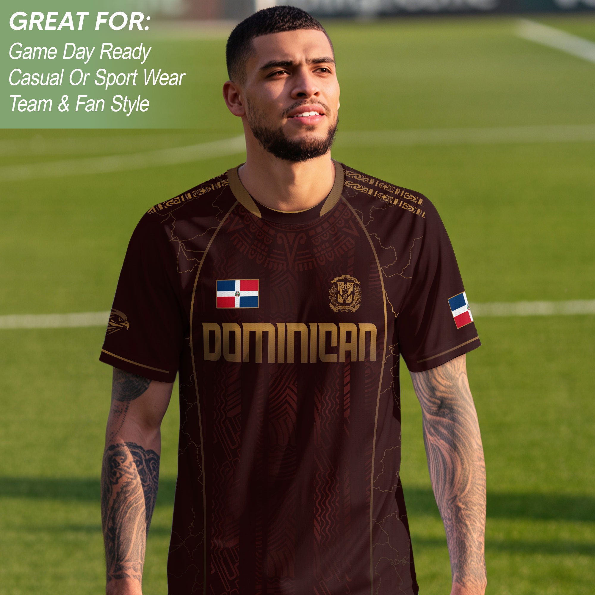 Dominican Republic Heritage Maroon Gold Geometric National Soccer Jersey