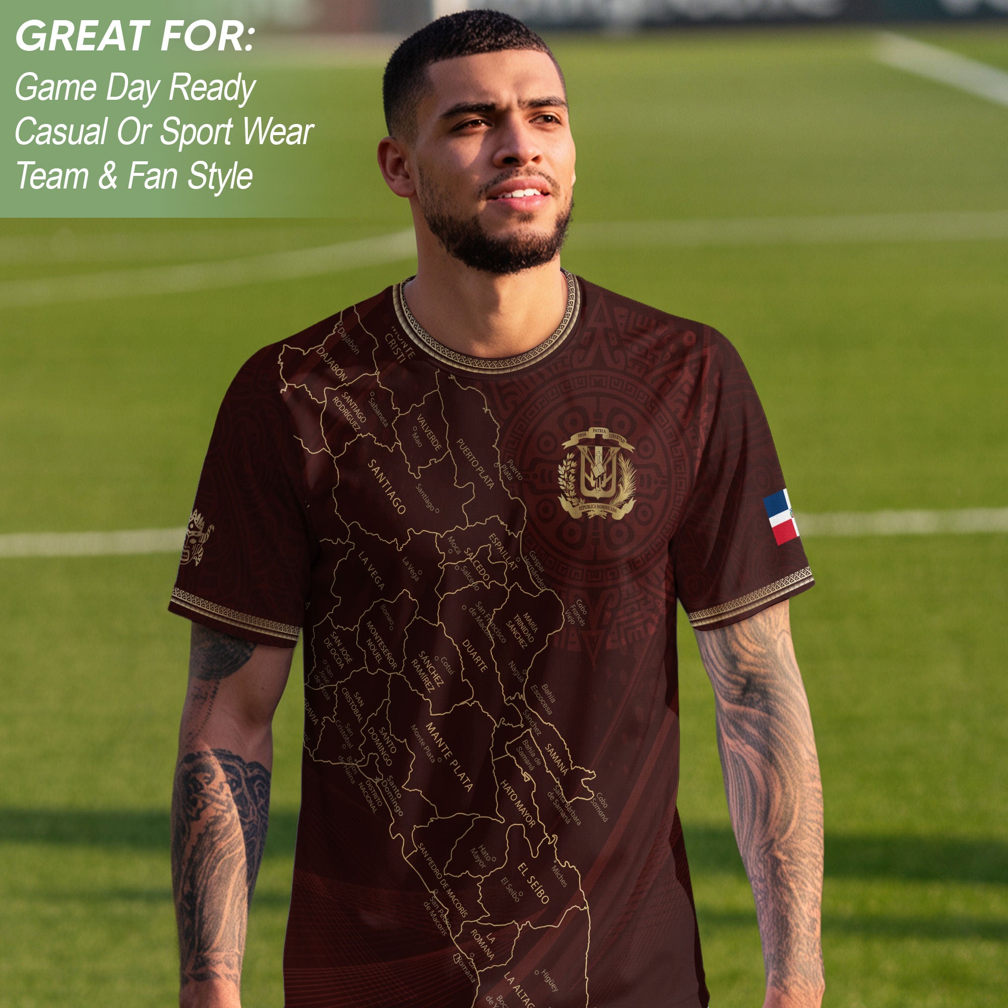 Dominican National Heritage Soccer Jersey Maroon Gold, Pride-Inspired Football Apparel