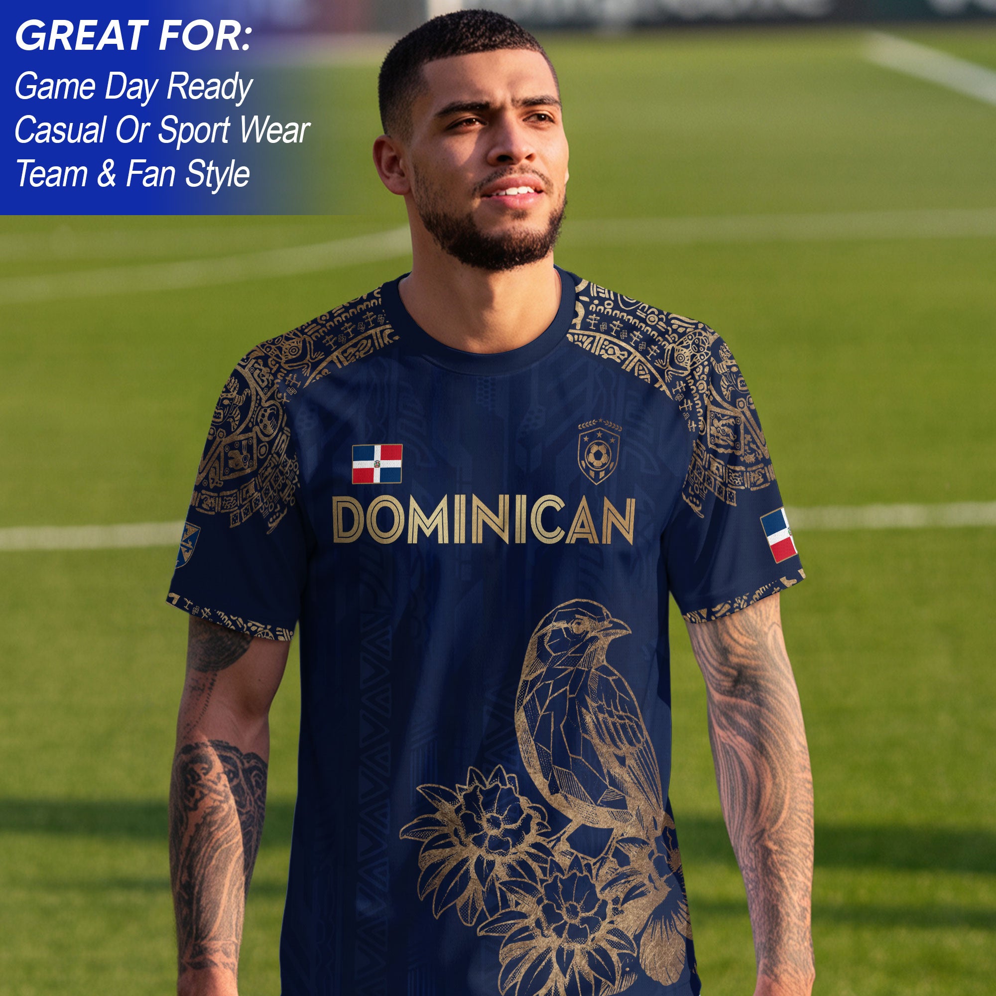 Dominican Republic Heritage Navy Gold Athletic Bird Flower Soccer Jersey