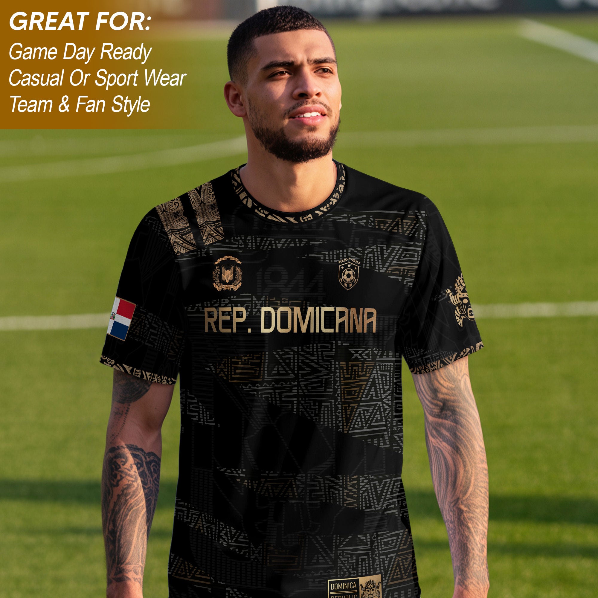 Dominican Republic Heritage Black Gold Athletic Geometric Soccer Jersey