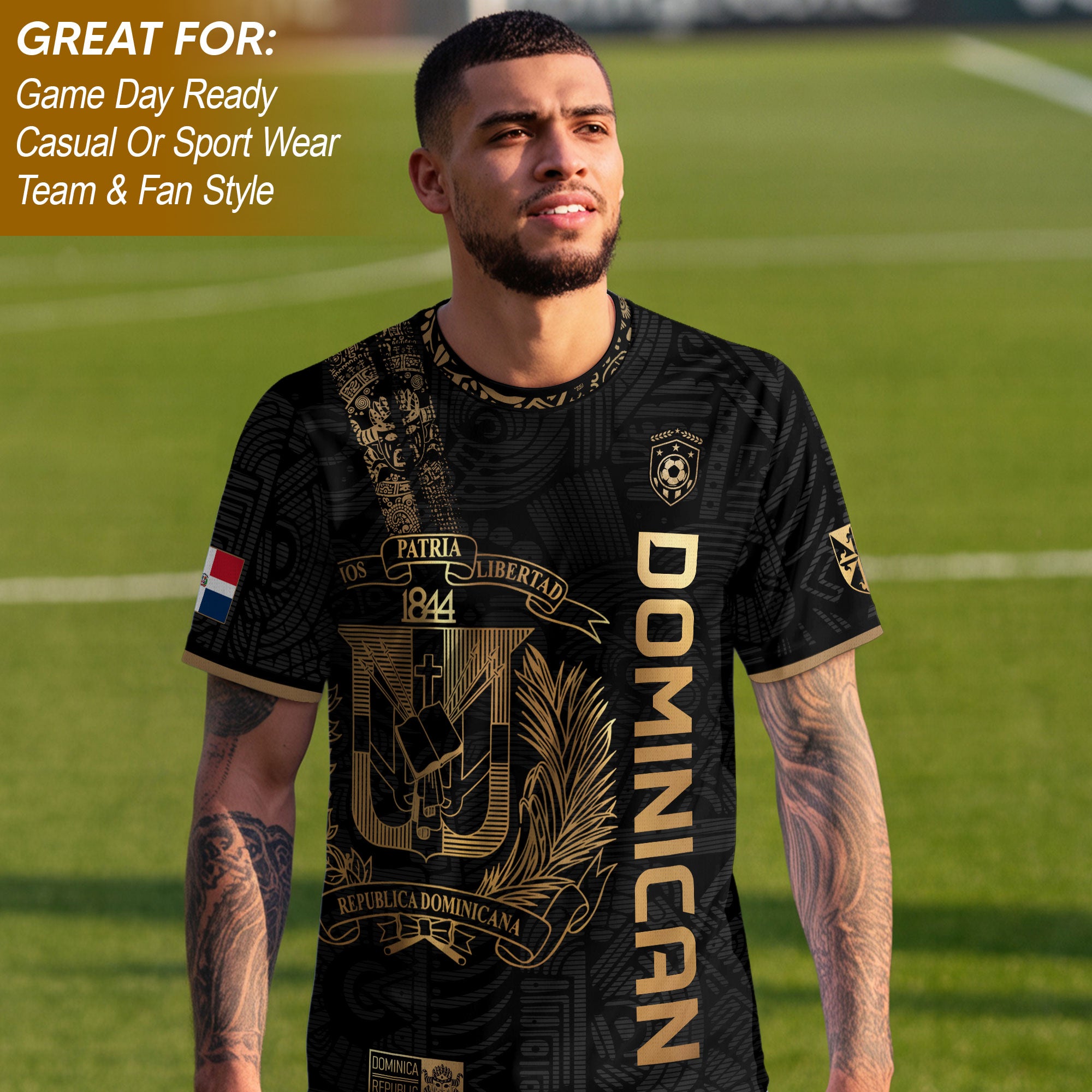 Dominican Republic Black Gold Taino Tribal Pattern National Pride Vintage Soccer Jersey