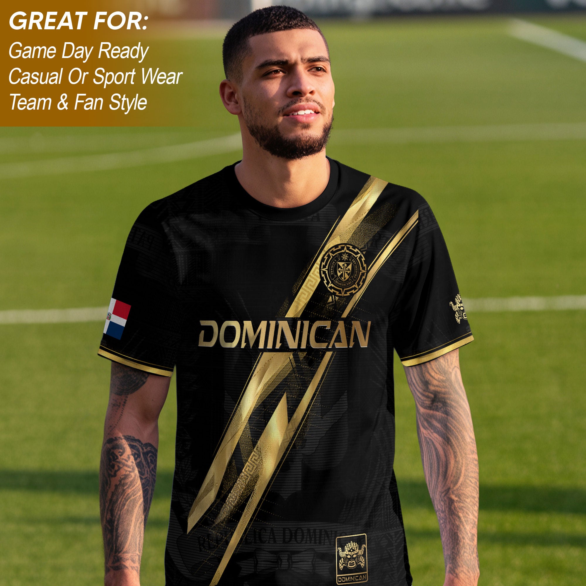 Dominican Republic Black Gold Premium Geometric Pattern Cultural Pride Soccer Jersey