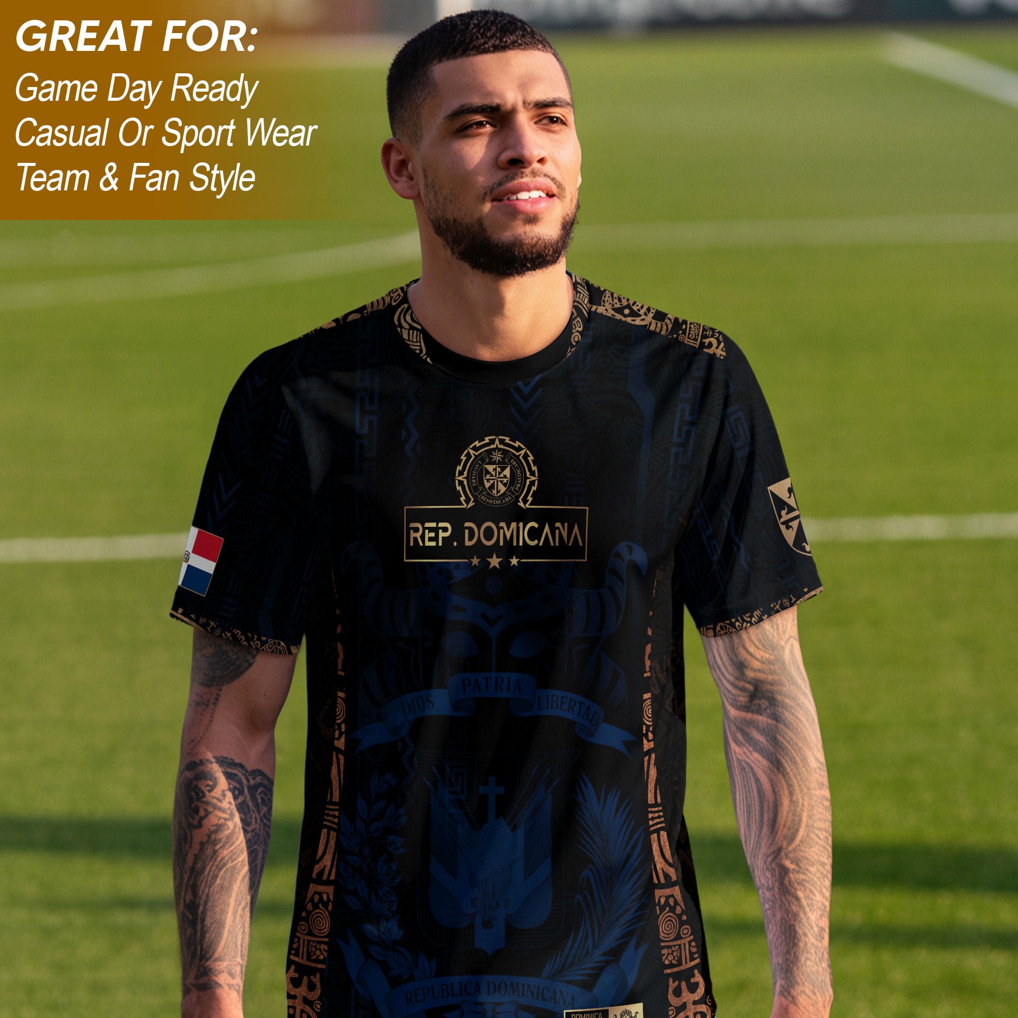 Dominican Republic Heritage Dark Navy Gold Athletic Carnival Mask Soccer Jersey