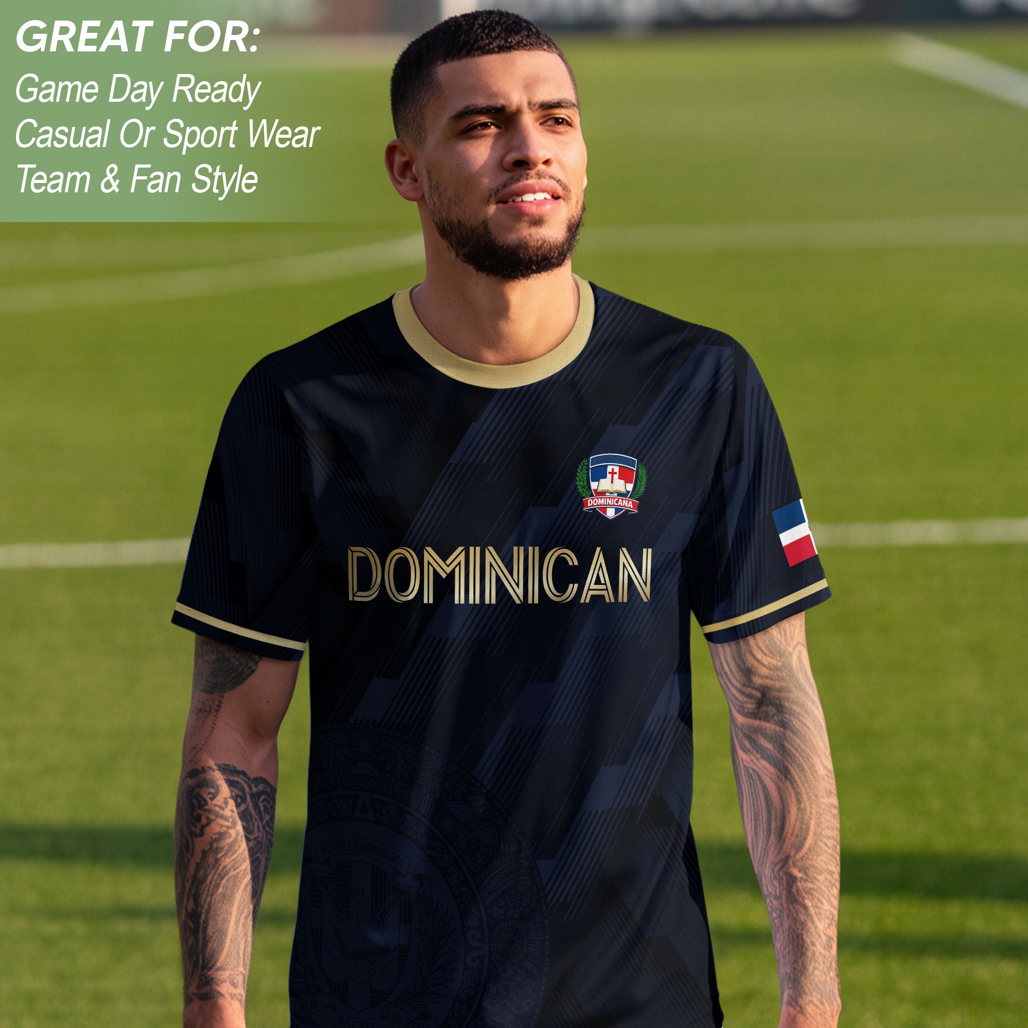 Dominican Republic National Heritage Soccer Jersey Navy Gold, Cultural Pride Emblem Design