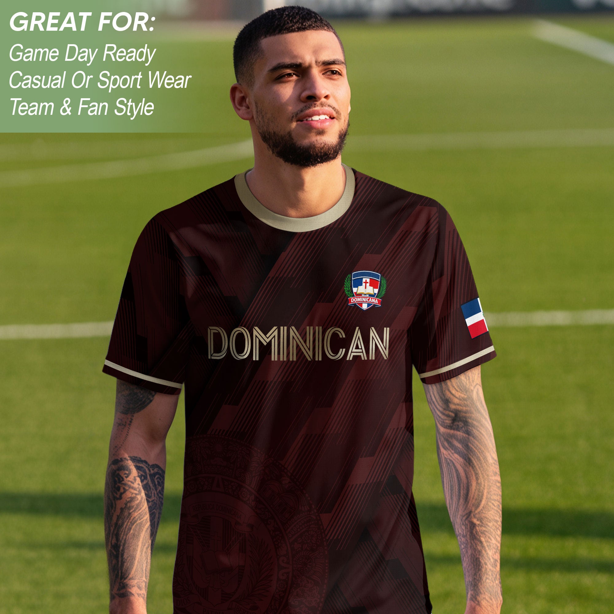 Dominican Heritage Soccer Jersey Maroon Gold, National Emblem Cultural Identity Shirt