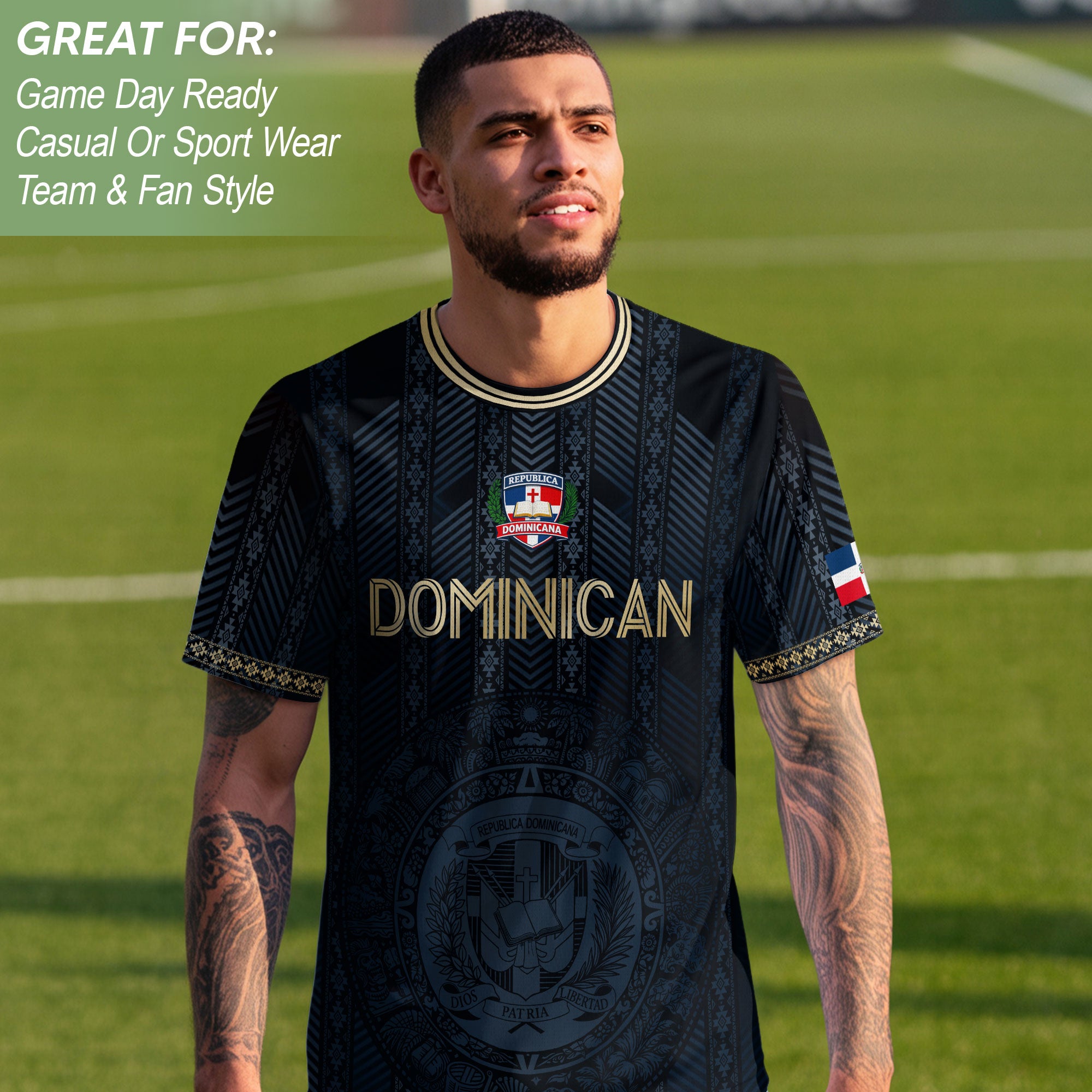 Dominican National Pride Soccer Jersey Navy Gold, Heritage Inspired Cultural Design